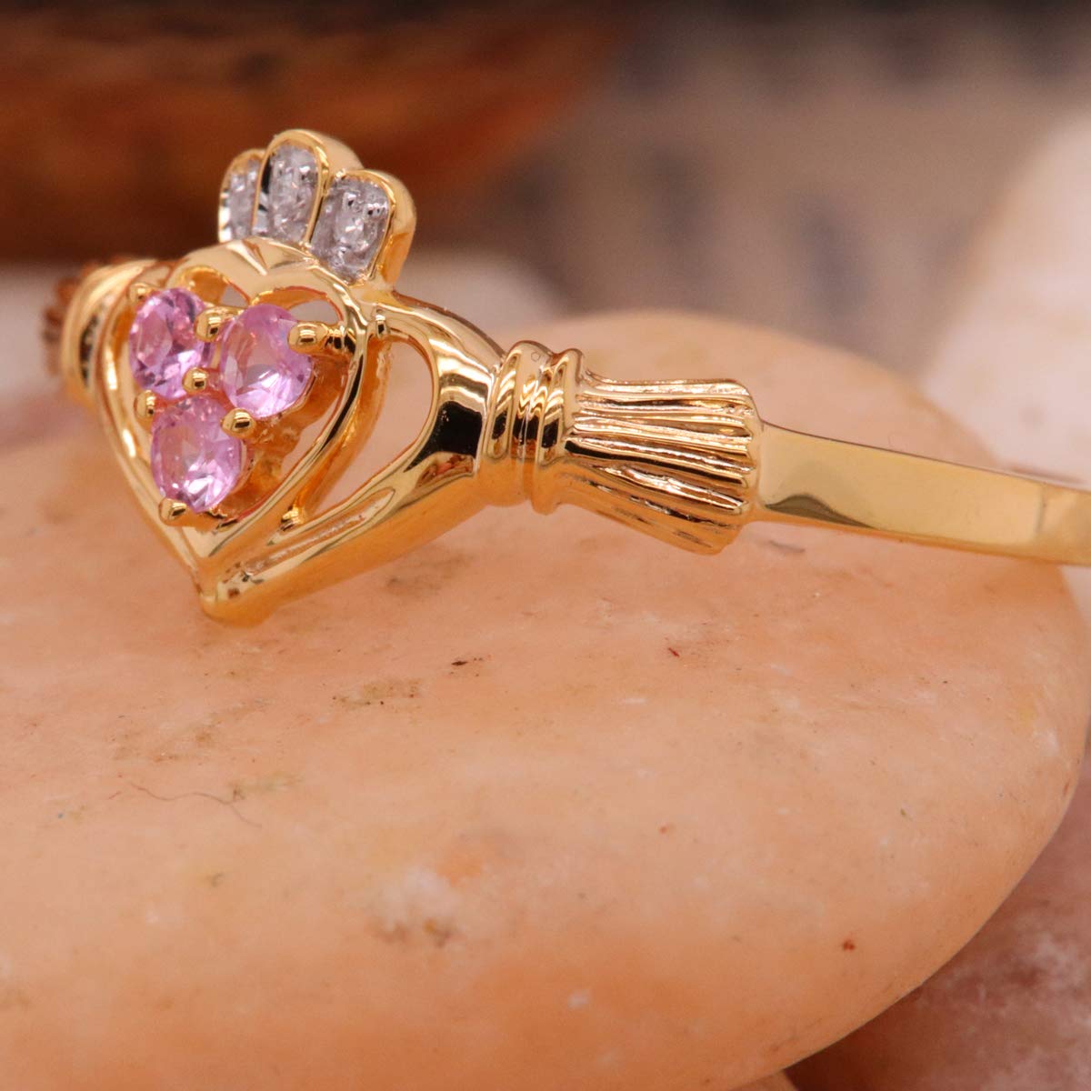 10K Solid Gold Pink Sapphire & White Diamond Claddagh Heart Ring for Women - Irish Love & Friendship Promise Ring, Perfect for Valentine's Day, Anniversary & Special Occasions