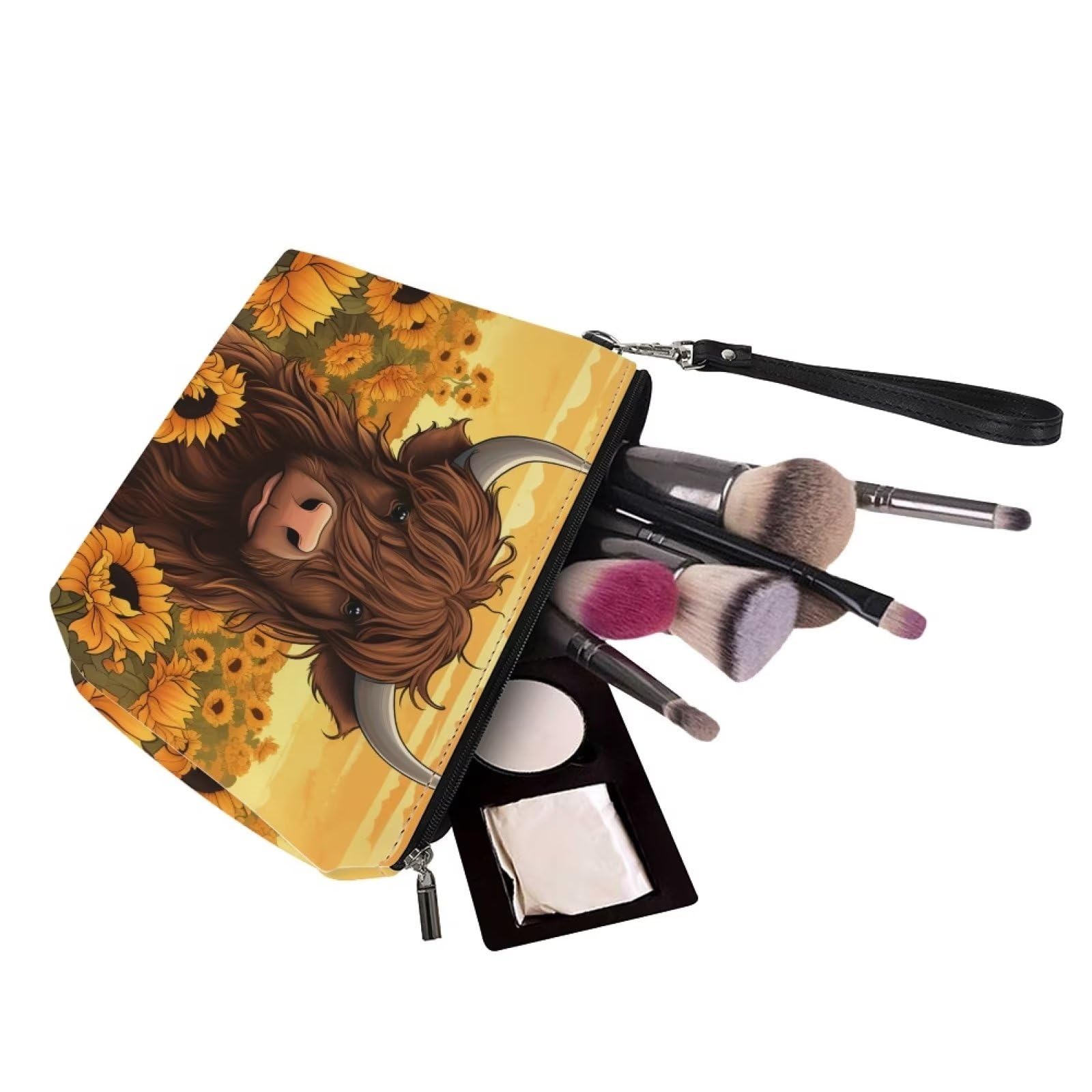 DISNIMO Sunflower Cow Print Makeup Bag - Waterproof Cosmetic Pouch for Women & Teens, Cute Travel Toiletry Organizer, Leather Clutch for Girls (Perfect for School, Travel & Daily Use)