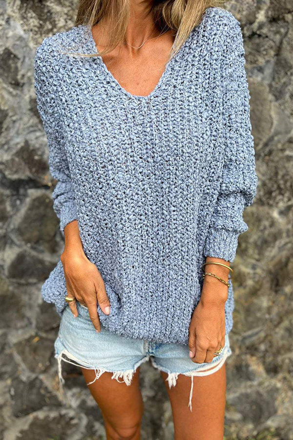 Solid Color V-Neck Long Sleeve Loose Knit Sweater for Women - Cozy Casual Pullover for Fall & Winter Outfits, Office Wear and Weekend Relaxation
