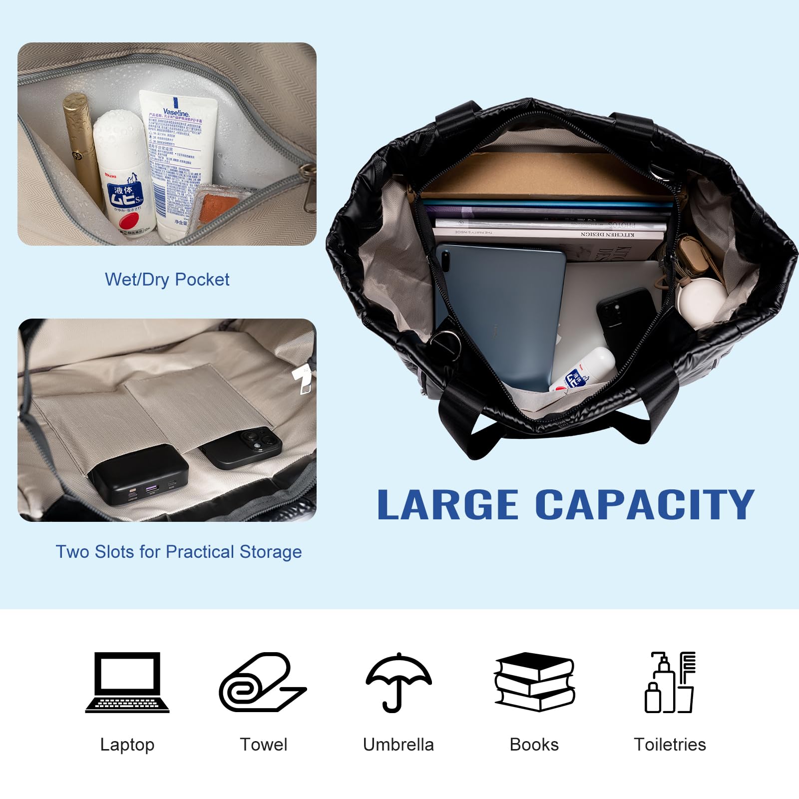 Women's Large Capacity Puffer Tote Bag with Zipper - Waterproof Quilted Handbag for Yoga, Work & Travel - Fits Yoga Mat & Essentials