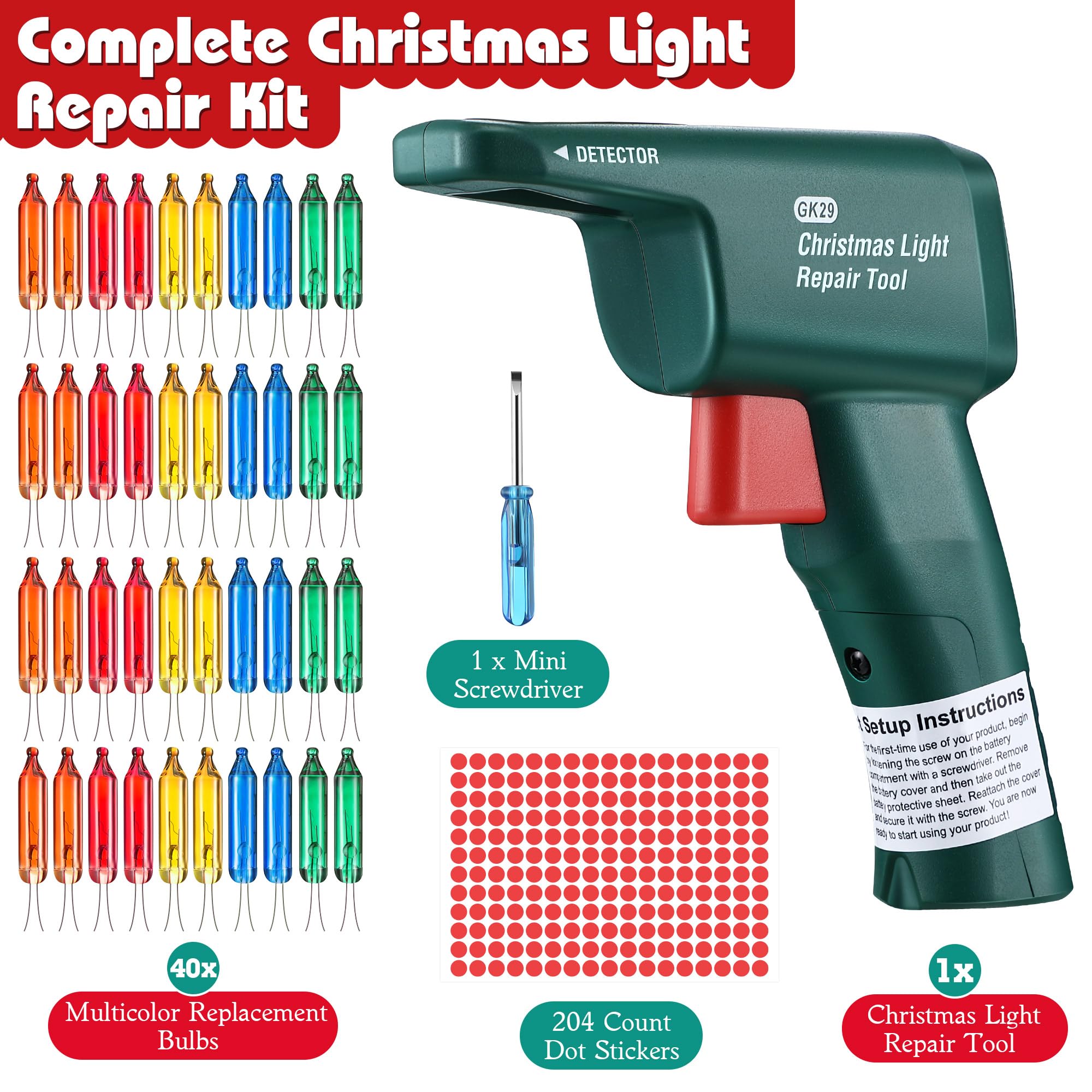 Christmas Light Repair Kit with 40 Replacement Bulbs - Incandescent String Light Tester & Fixing Tool for Holiday Decorations | Perfect for Indoor/Outdoor Christmas Tree, Home, and Yard Decor