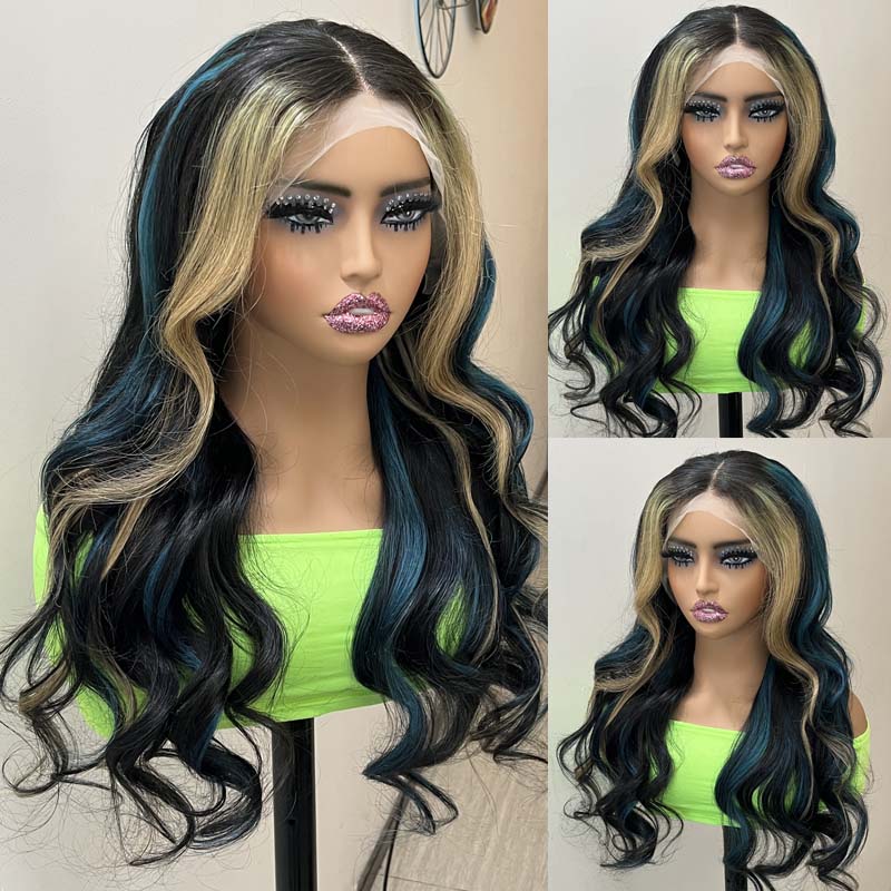 Eullair Black Red Blonde Body Wave Wig with Blue Orange Balayage Highlights - 3 Color Straight Lace Frontal Human Hair Wig for Cosplay, Halloween & Daily Fashion