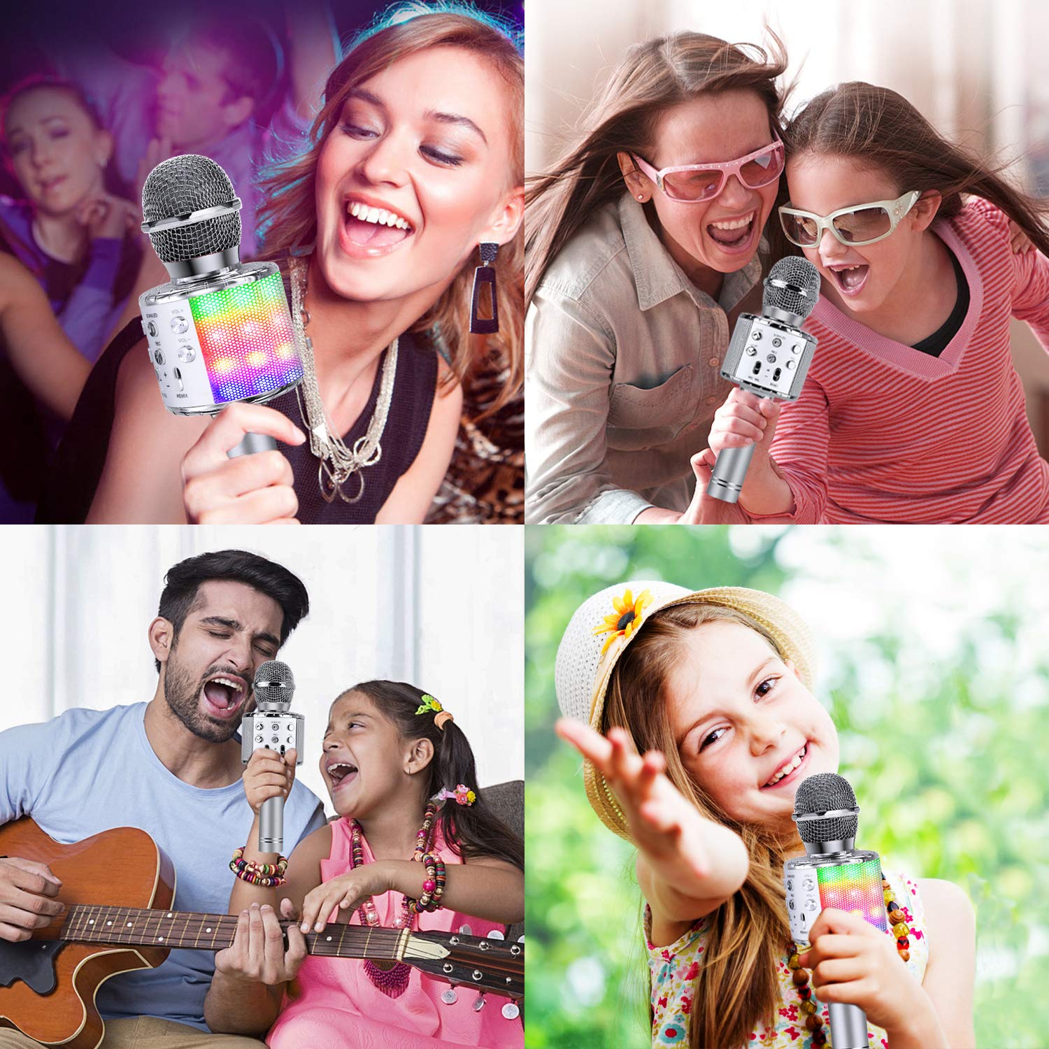 4-in-1 Wireless Karaoke Microphone with LED Lights - Portable Bluetooth Mic for Kids & Adults - Perfect Gift for Boys, Girls & Music Lovers (Silver) - Ideal for Home Singing, Parties & Travel Entertainment