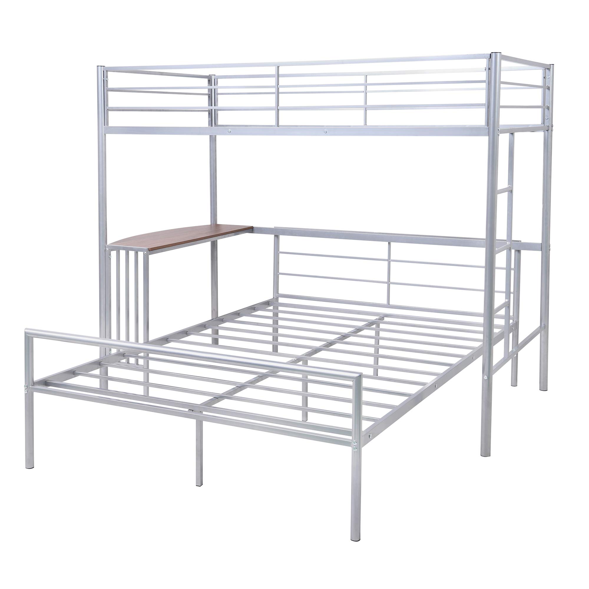 Rhomtree Twin Over Full Metal Bunk Bed with Built-in Desk - Space Saving Loft Bed with Ladders & Guardrails, No Box Spring Needed - Sturdy Home & Bedroom Furniture (Silver) | Perfect for Kids Rooms, Guest Rooms & Small Space Living