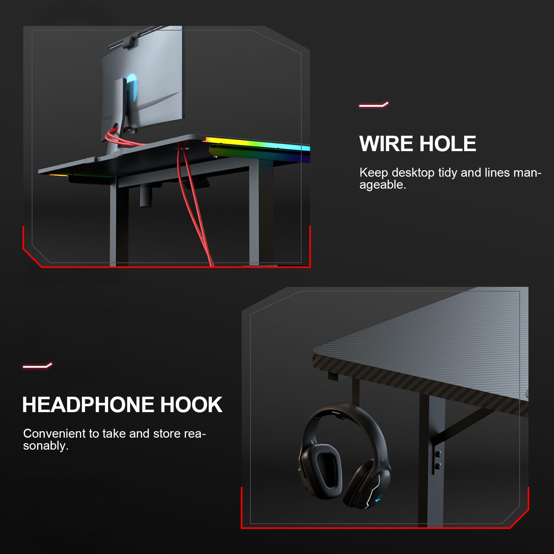 GTRACING 55 Inch Gaming Desk with LED Lights - Large Computer Desk with Mouse Pad, Carbon Fiber Surface, Headphone Hook - Perfect for Home Office & PC Gaming Workstations (Black)