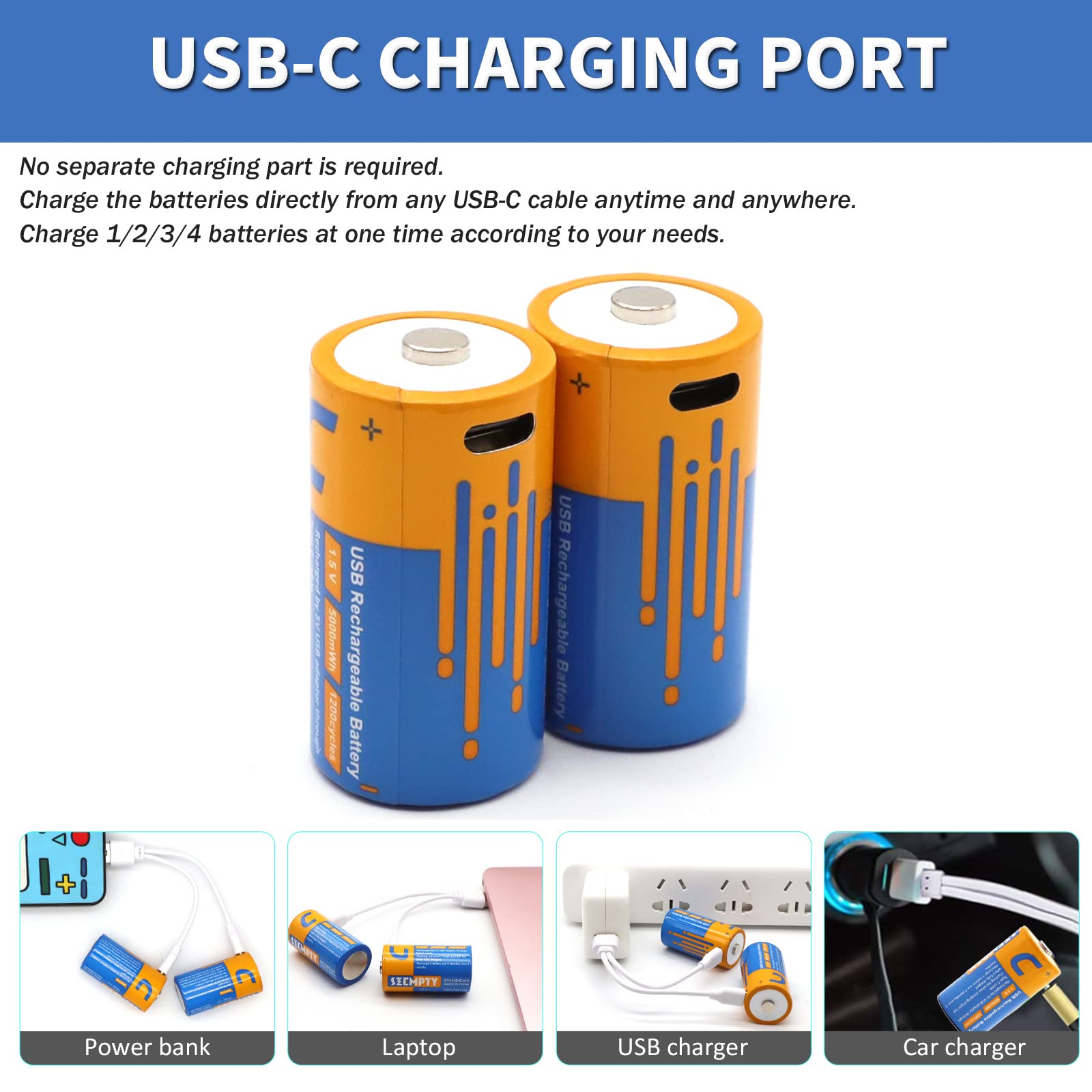 1.5V Lithium C Rechargeable Batteries - 5000mWh USB-C Li-ion Batteries with 2-in-1 Charging Cable (2 Pack) | Perfect for Wireless Keyboards, Digital Cameras & Emergency Flashlights