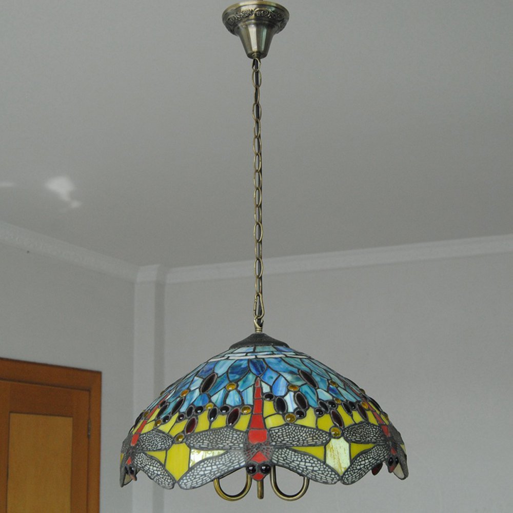 Tiffany Glass Dragonfly Chandelier - Elegant Ceiling Pendant Light for Dining Room, Kitchen, Living Room & Bedroom | Perfect for Home Decor, Restaurants & Cafe Lighting