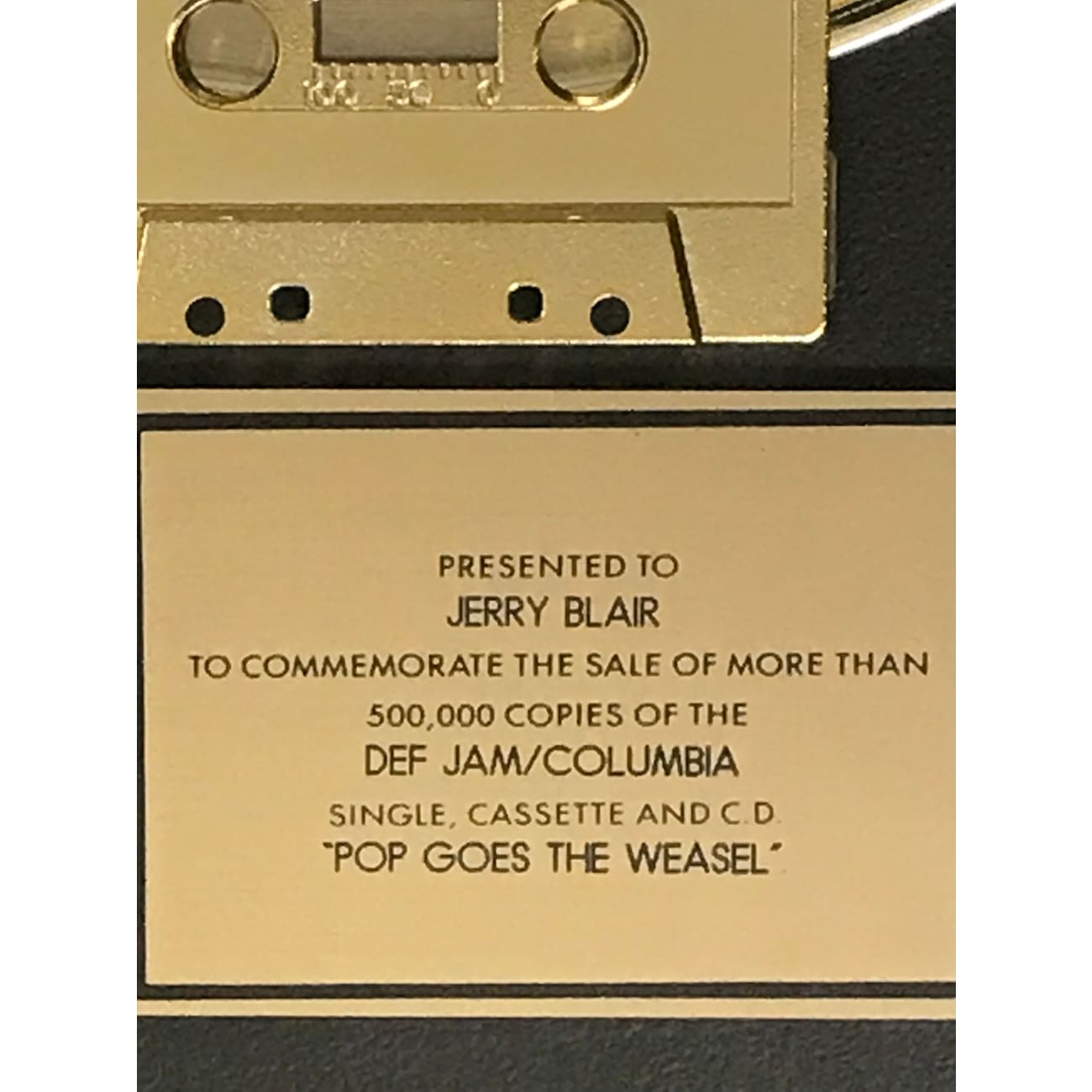 3rd Bass 'Pop Goes The Weasel' RIAA Gold Single Award - Vintage Hip Hop Collectible for Music Memorabilia Displays