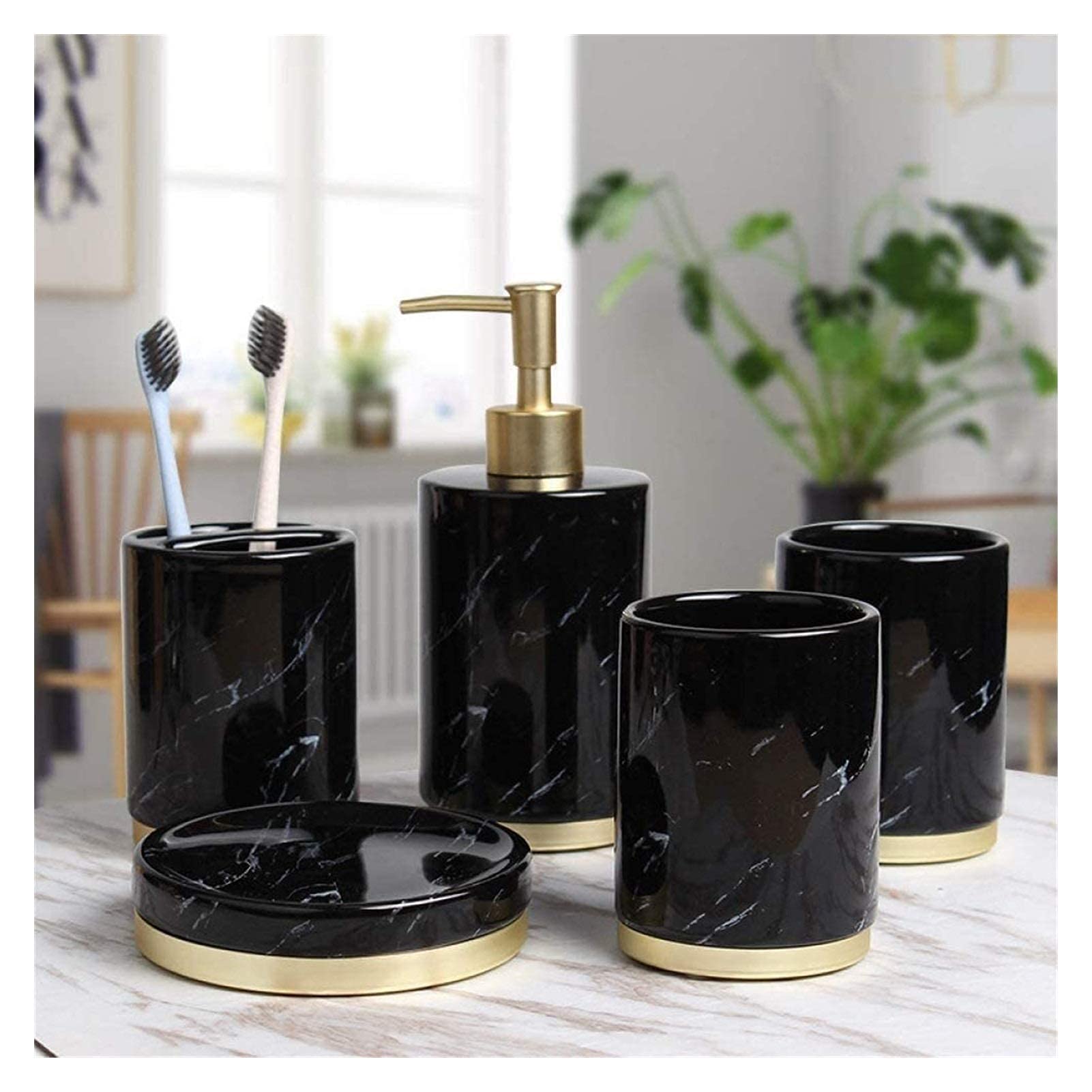 Premium Black Marble Soap Dispenser Set - 5-Piece Bathroom Accessories Kit with Glass Containers & Toothbrush Holder | Elegant Hotel-Style Decor for Home, Toilet & Guest Bathroom Organization