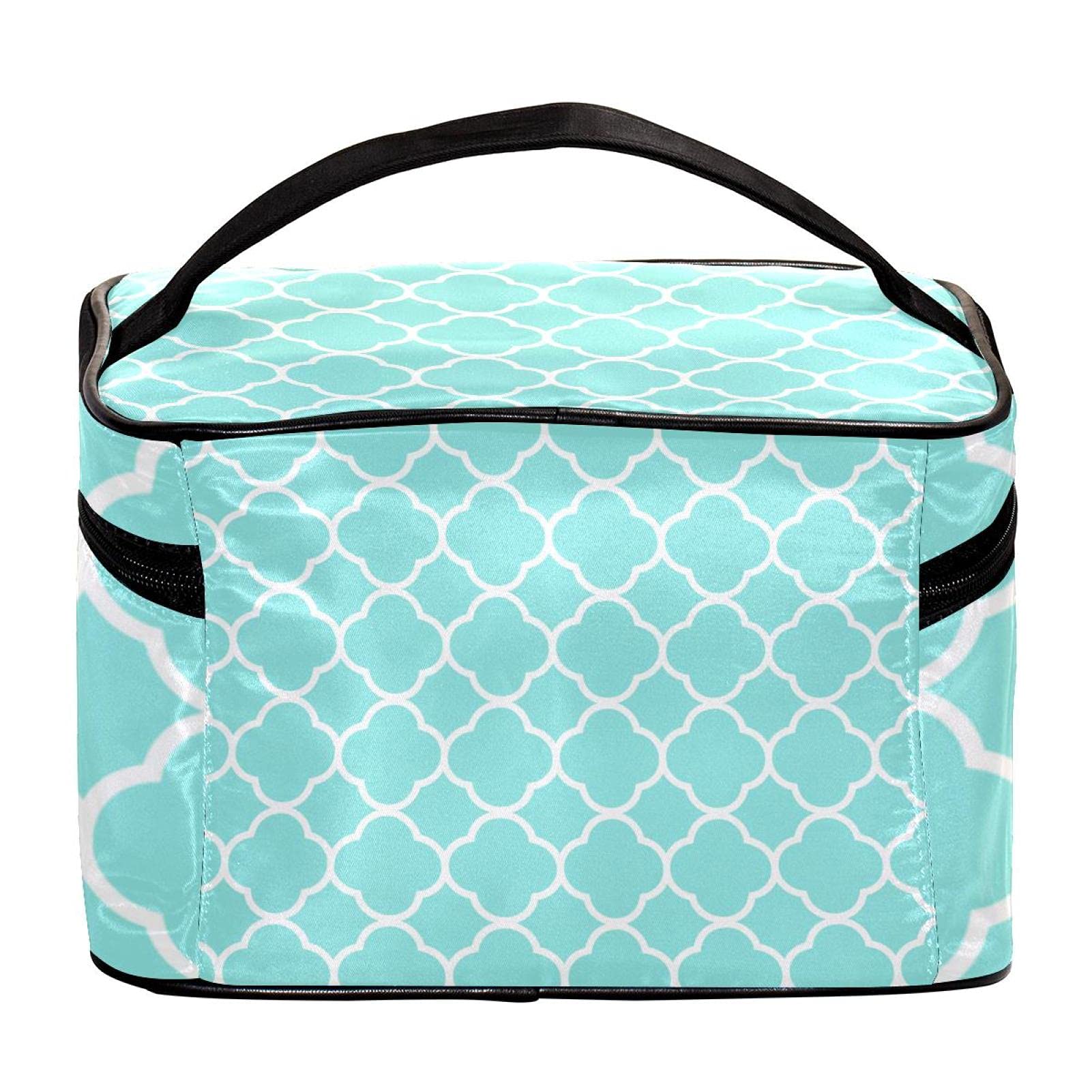 Aqua Green Quatrefoil Pattern Large Travel Makeup Bag - Waterproof Cosmetic Organizer Case with Zipper for Women & Girls | Perfect for Vacation, Gym, Business Trips & Daily Essentials Storage