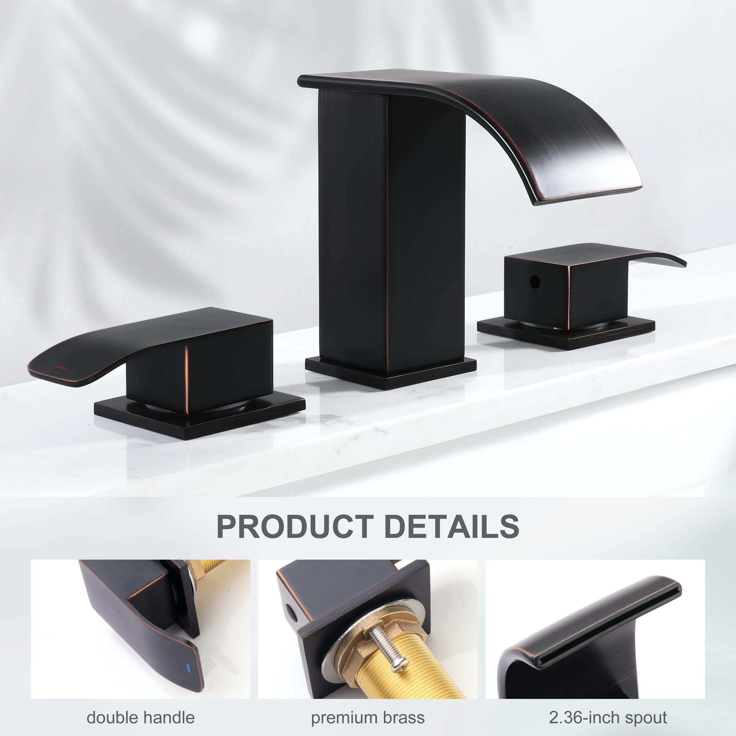 Oil-Rubbed Bronze Waterfall Bathroom Faucet - 8 Inch Widespread 3-Hole Bathroom Sink Faucet with 2 Handles, Modern Vanity Faucet with cUPC Supply Lines - Perfect for Contemporary Bathrooms, Guest Suites, and Luxury Home Renovations