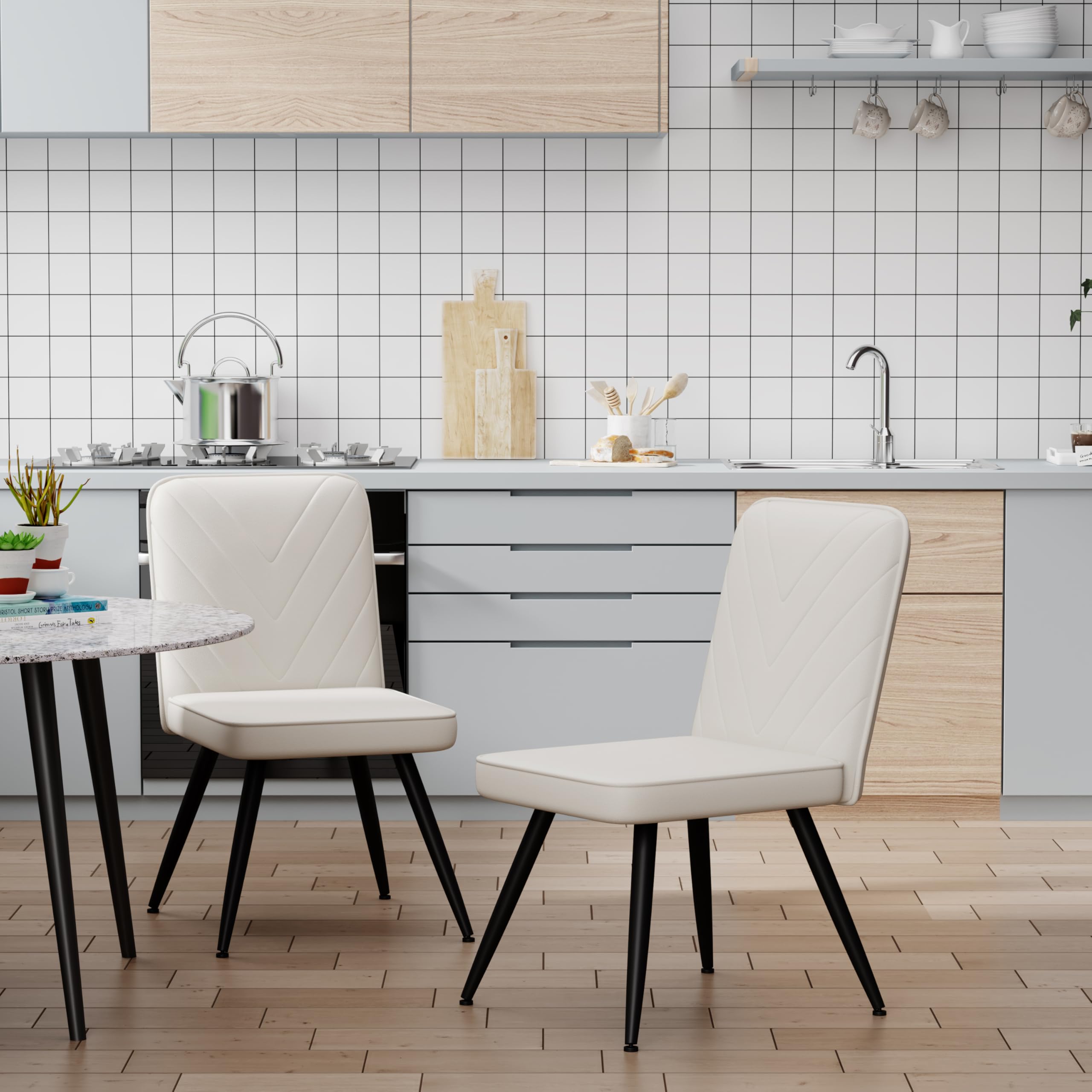 Modern Upholstered Dining Chairs Set of 2, Armless Fabric Kitchen Table Side Chairs with Sturdy Metal Legs in Ivory - Perfect for Dining Room, Kitchen, or Home Office Desk