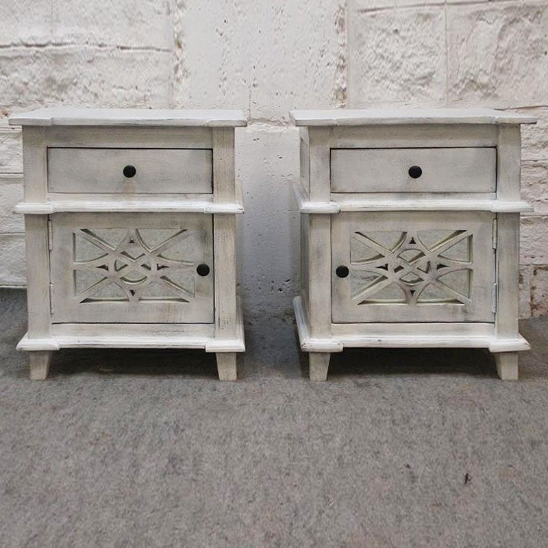 Whitewashed French Arched Glass Door Bedside Tables (Pair) - Elegant Nightstands for Bedroom, Living Room, or Office Decor