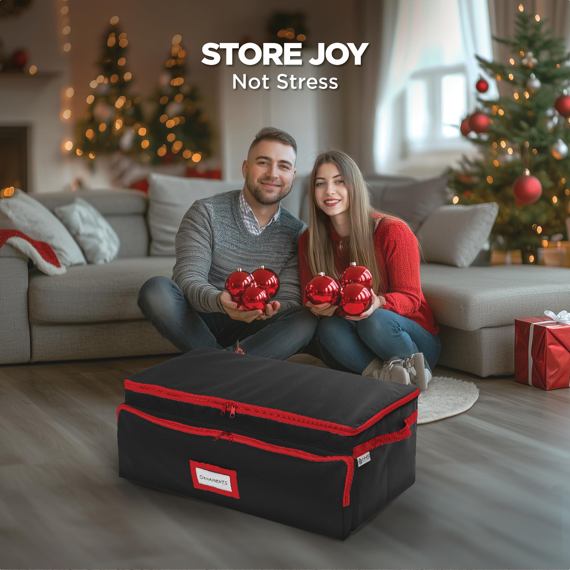 Premium Christmas Ornament Storage Box - 72 Ornaments & 6 Side Slots - Durable 600D Canvas for Holiday Decor Organization