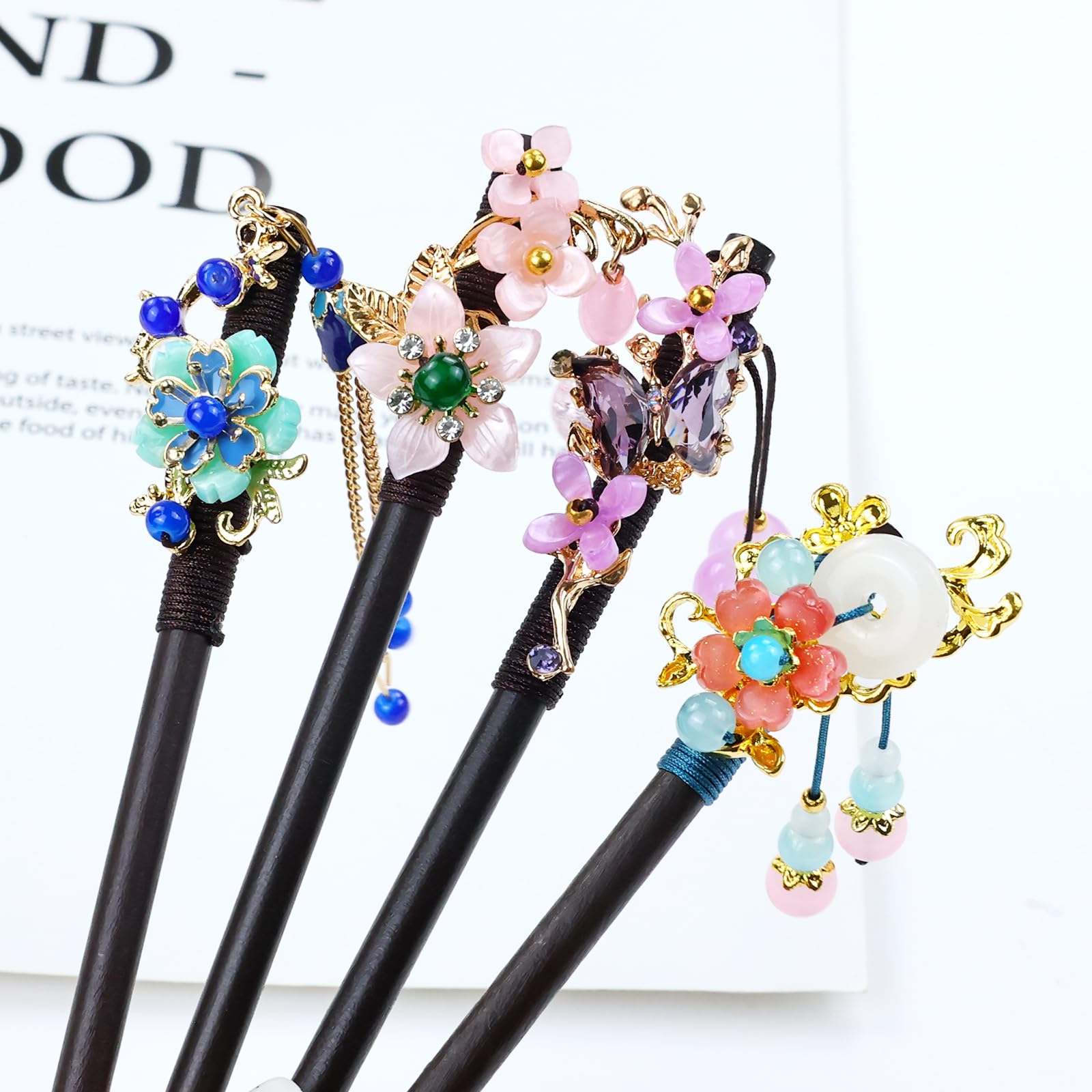 8Pcs Retro Chinese Hanfu Hair Sticks - Traditional Butterfly Flower Wooden Hairpins with Bead Pendants for Women & Girls | Vintage Bun Updo Holders for Weddings, Cosplay & Asian Fashion