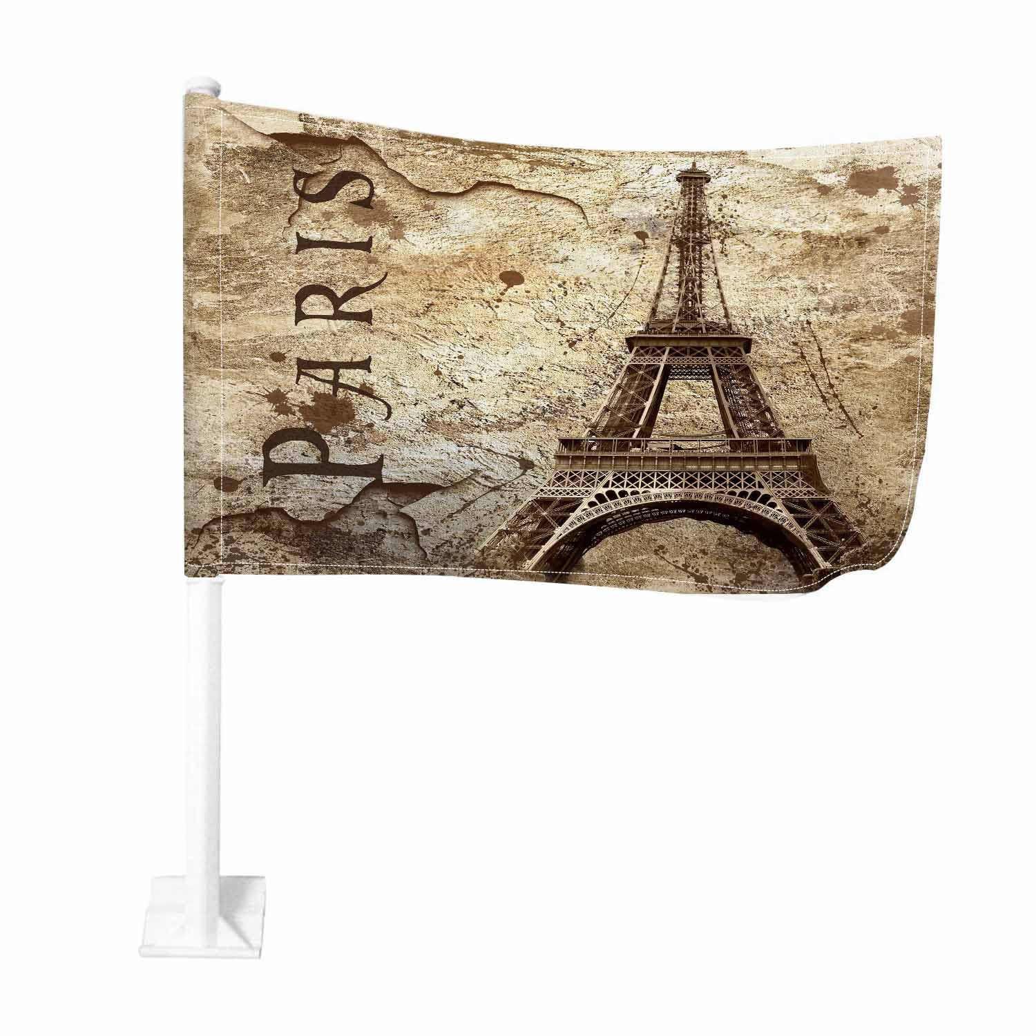 Vintage Eiffel Tower Car Flag - Double Sided Urban Paris Grunge Architecture Clip Art - Universal Car Window Hook Decor for Travel, Road Trips, and City Drives