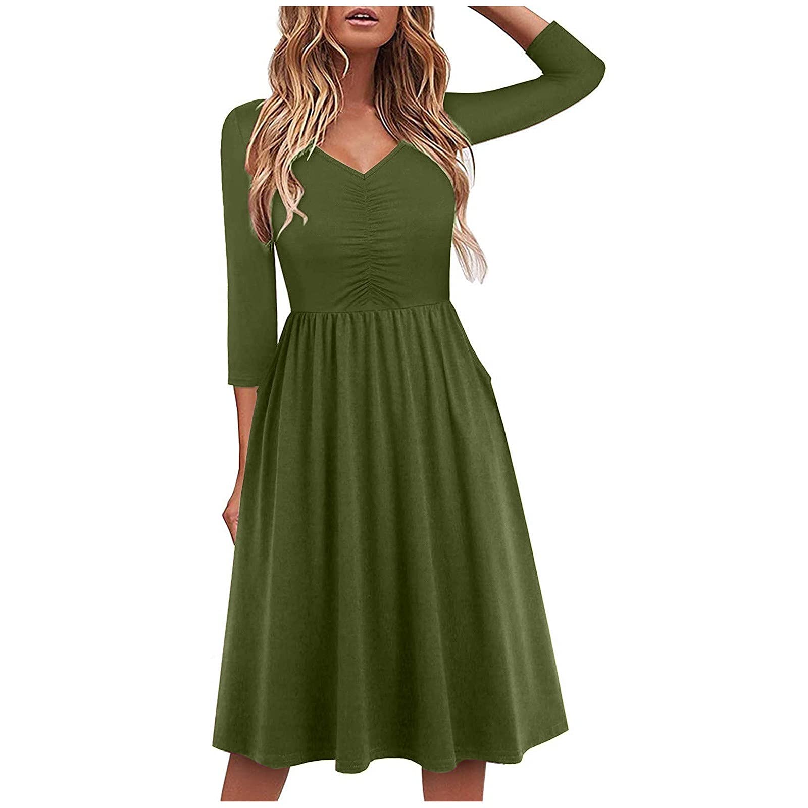 2022 Women's Fall Floral Pleated Midi Dress - 3/4 Sleeve V-Neck Casual Dress with Pockets, Knee-Length Wedding Guest Dress for Autumn Parties & Office Wear