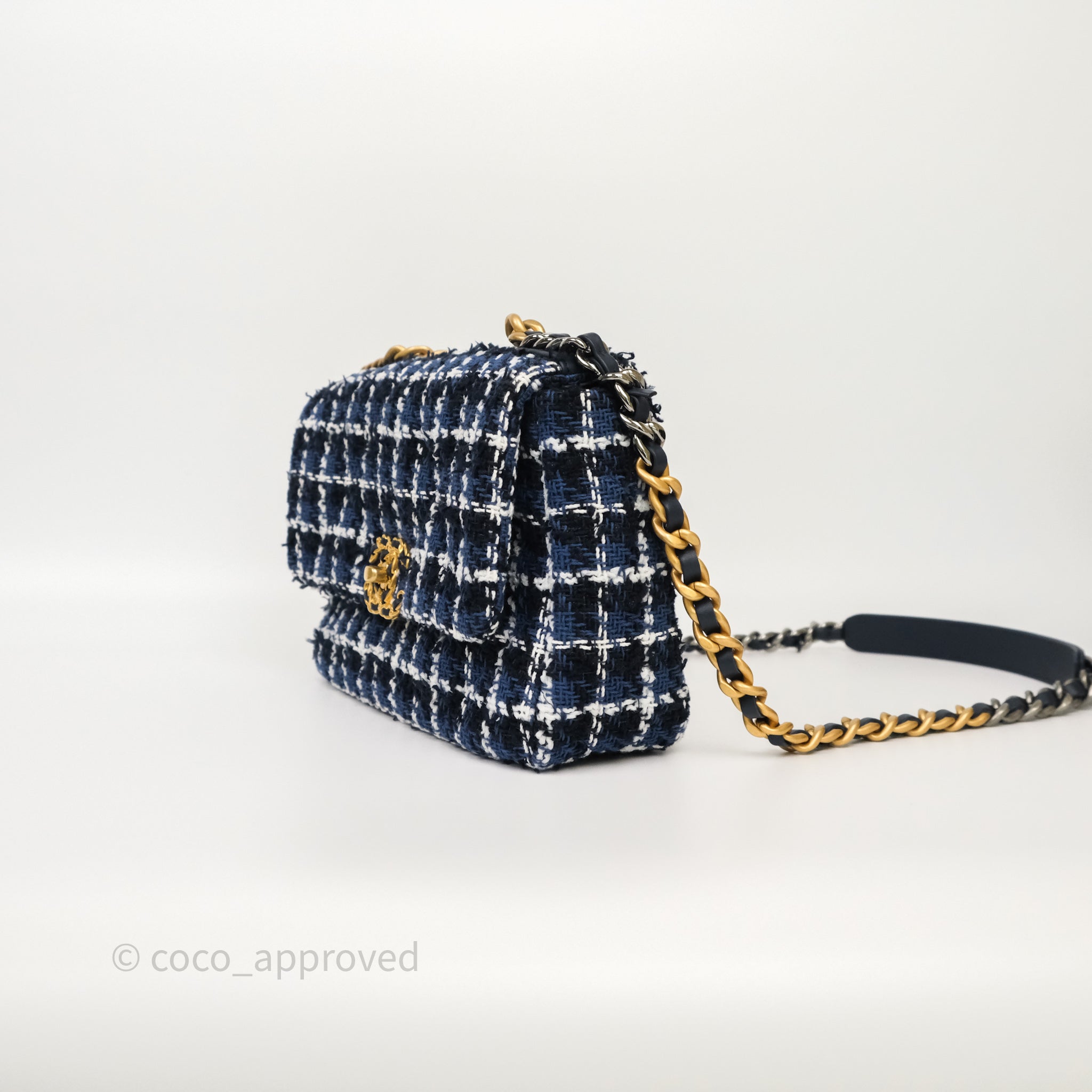 Chanel 19 Small Handbag in Blue, White & Black Grid Tweed with Mixed Hardware - Perfect for Work, Travel & Evening Events