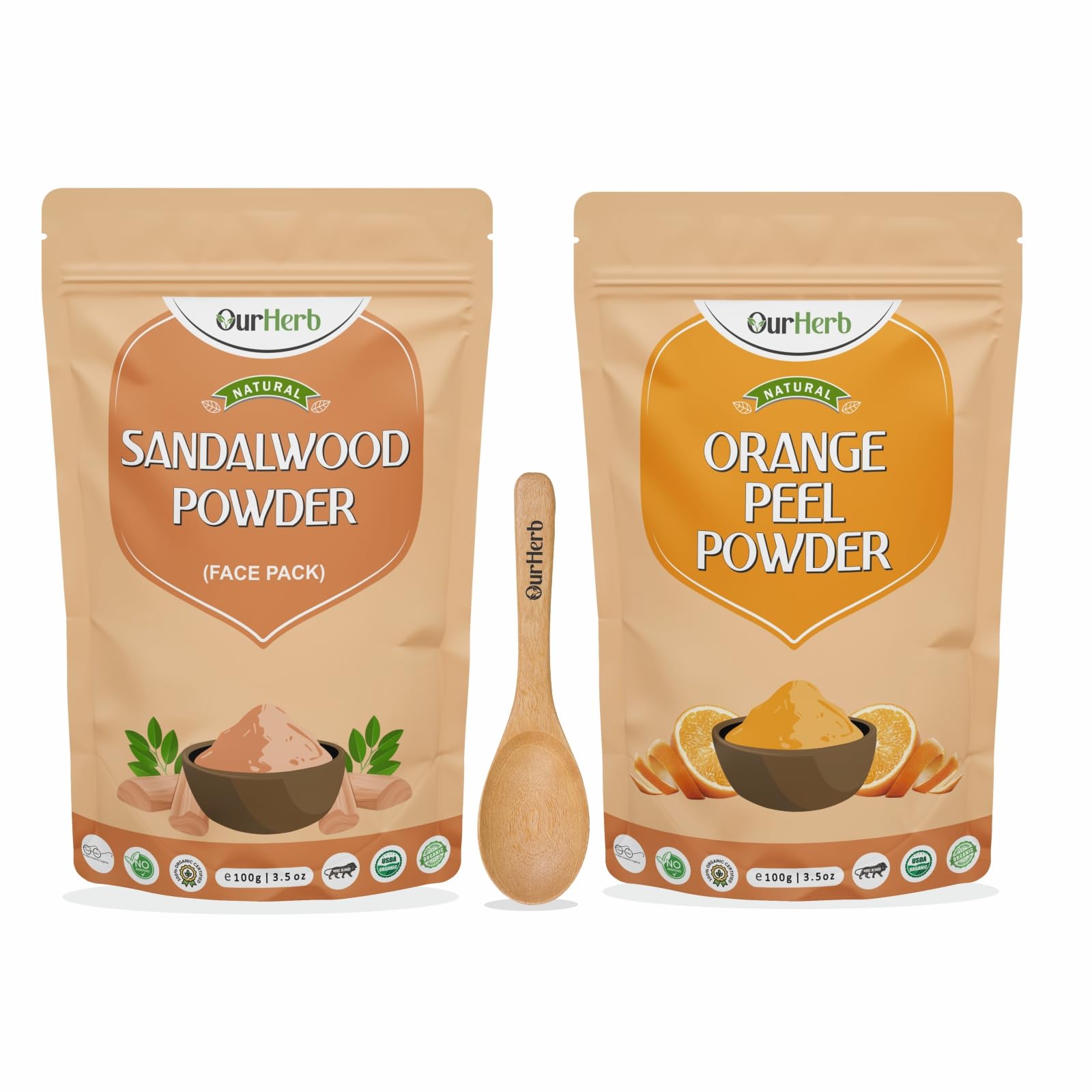 OurHerb - 100% Pure Sandalwood & Orange Peel Powder (2 x 100g) | Natural Face Mask for All Skin Types | Exfoliating Facial Scrub & Skin Brightening Treatment | Includes Free Wooden Spoon | Perfect for Spa Day, DIY Skincare & Ayurvedic Beauty Routines