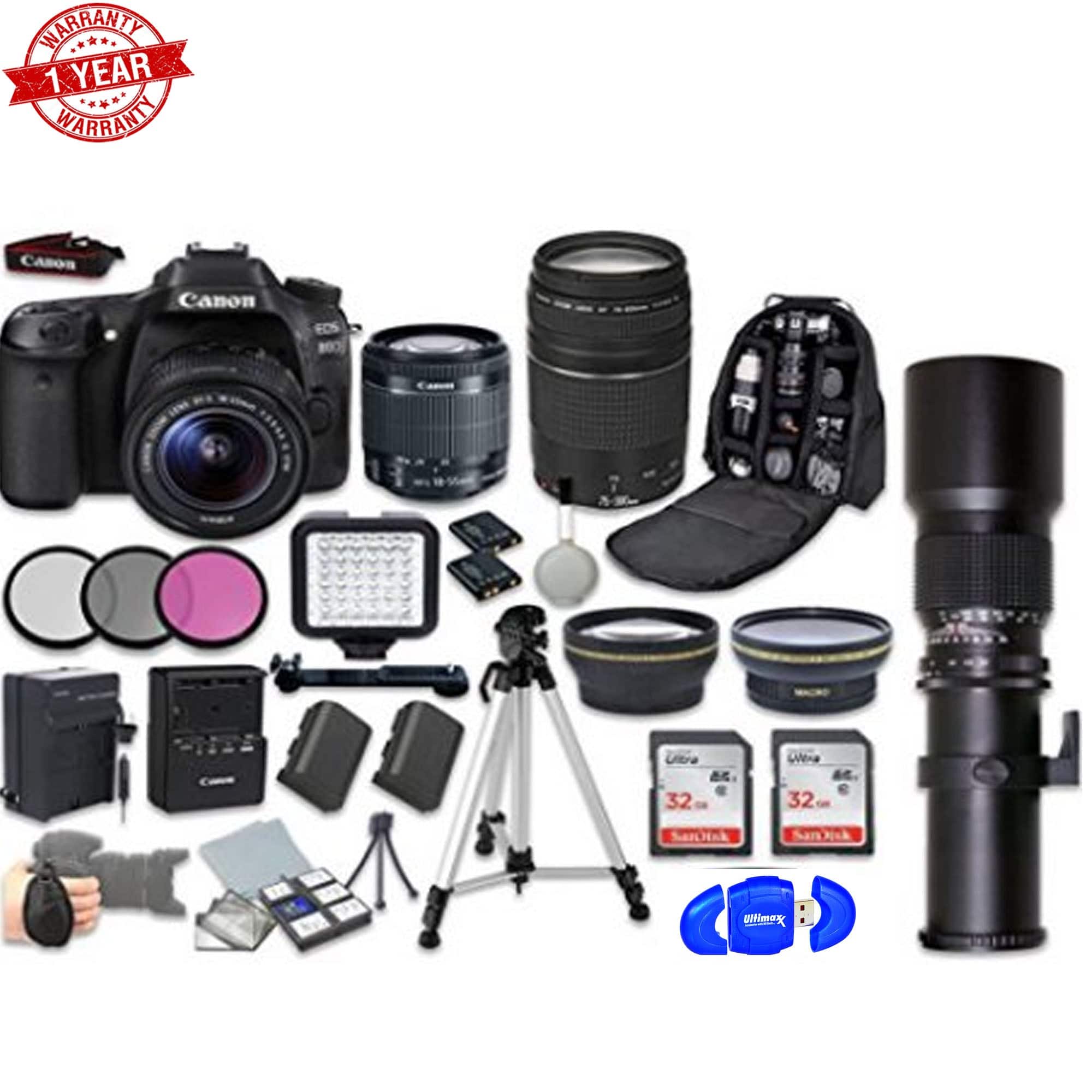 Canon EOS 80D DSLR Camera Bundle with EF-S 18-55mm f/3.5-5.6 IS STM Lens & EF 75-300mm f/4-5.6 III Lens + 32GB SD Card, Tripod & Accessories Kit - Perfect for Portrait, Wildlife & Travel Photography