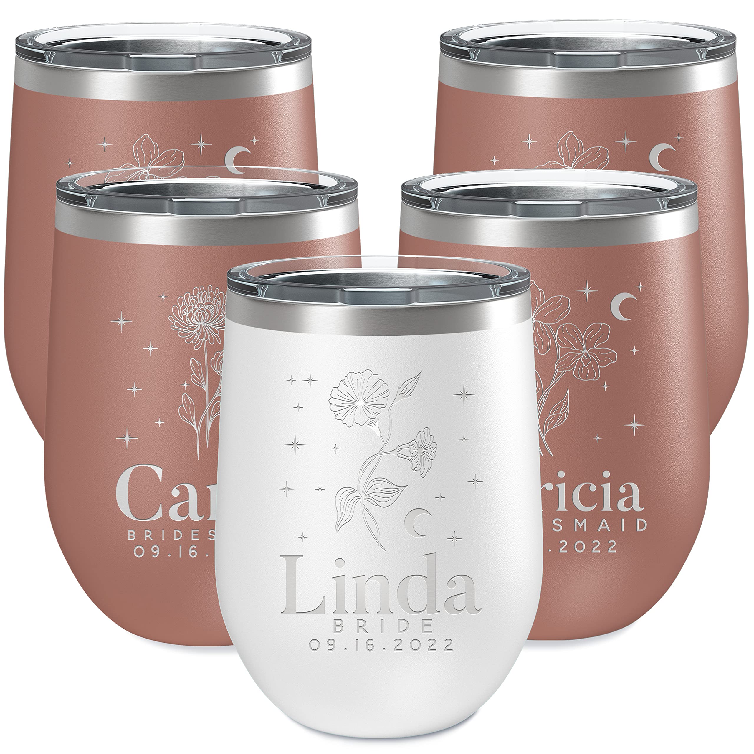 Personalized Bridesmaid Wine Tumblers Set of 5 - Custom Engraved Stemless Glasses with Lid, Names & Titles - 10 Colors & 12 Birth Flower Options - Unique Bridesmaid Proposal Gifts - Perfect for Wedding Showers, Bachelorette Parties & Thank You Gifts