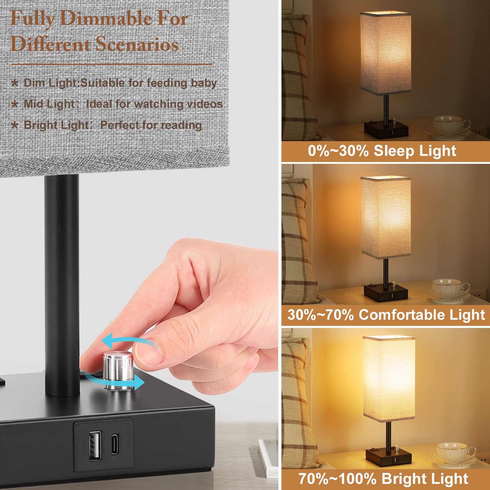 Gray Fully Dimmable Nightstand Lamps Set of 2 - USB C+A Charging & 2 AC Outlets Table Lamps with Linen Shade for Bedroom, Living Room, Office (Bulb Included) | Perfect for Reading, Charging Devices & Creating Cozy Ambience