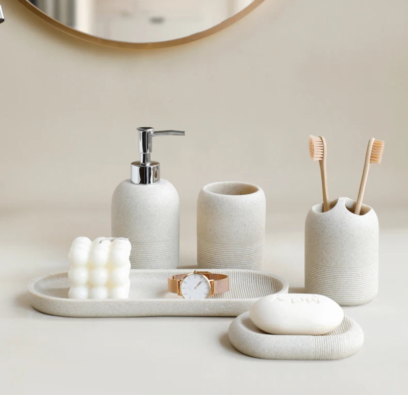 Premium Naya Stone Bathroom Accessory Set - Modern Soap Dispenser, Toothbrush Holder & Tumbler | Water-Resistant & Stylish for Bathroom, Spa & Luxury Home Decor