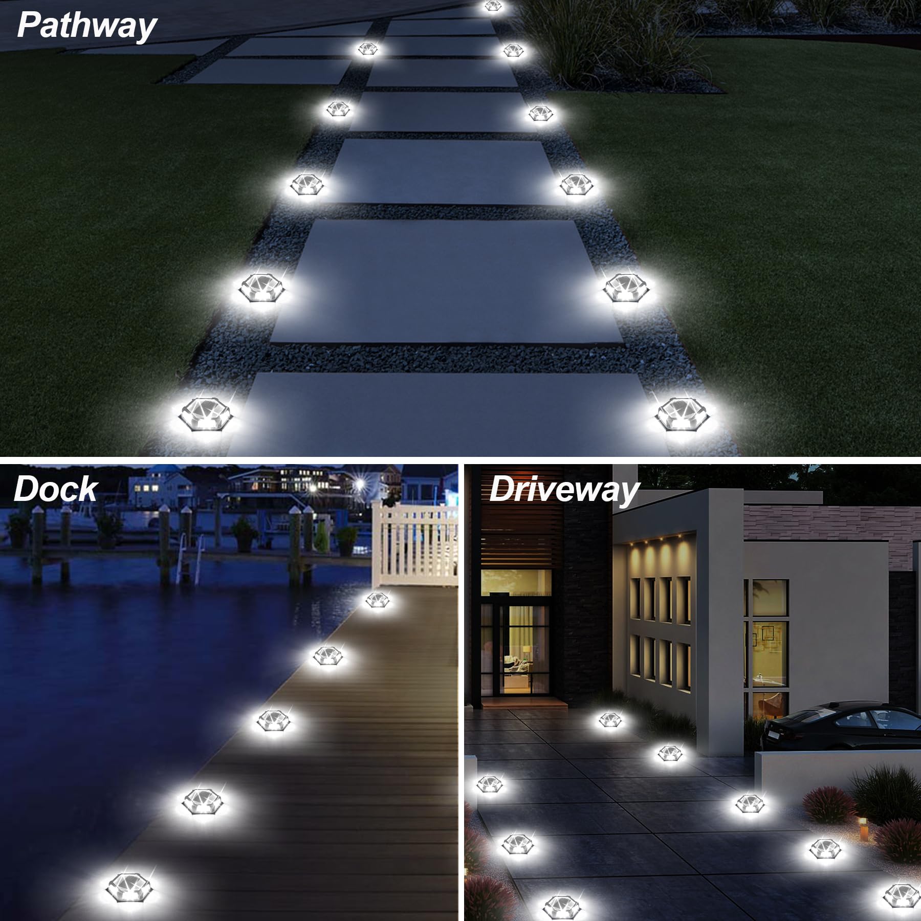 12 Pack Solar Dock Lights - Waterproof Outdoor LED Aluminum Step Lights for Driveway, Sidewalk, Garden Pathway, Yard, Deck & Patio (White) - Perfect for Nighttime Safety & Landscape Lighting