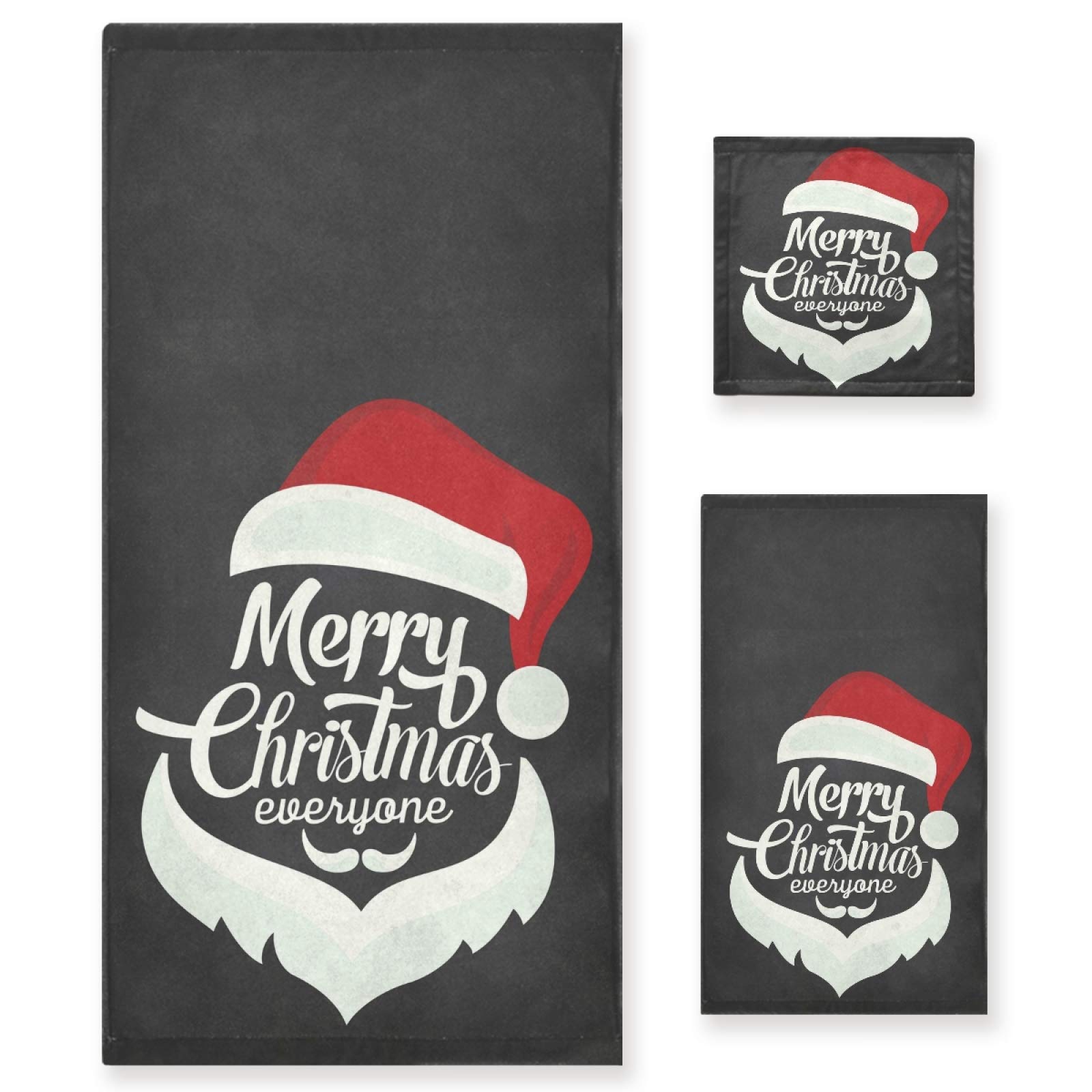 3-Piece Christmas Santa Typographic Towel Set - Soft Black Decorative Bath, Hand & Washcloth Towels | Multipurpose for Bathroom, Hotel, Gym, Spa & Kitchen | Perfect Holiday Home Decor & Gift Idea
