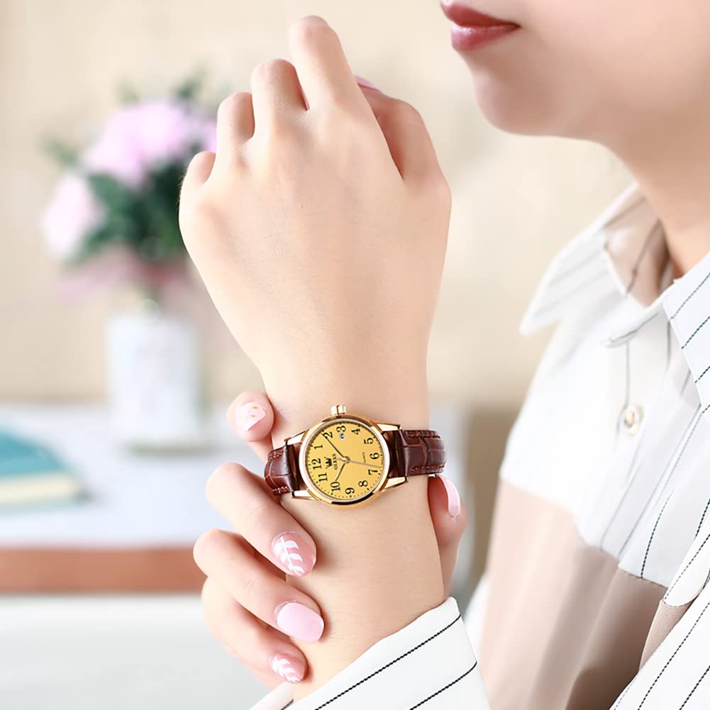 OLEVS Women's Business Dress Watch - Brown Leather Strap, Small Analog Face, Quartz Movement with Calendar & Date Display | Waterproof & Luminous | Perfect for Office, Formal Events & Everyday Wear | Classic Retro Style Ladies Wristwatch Gift