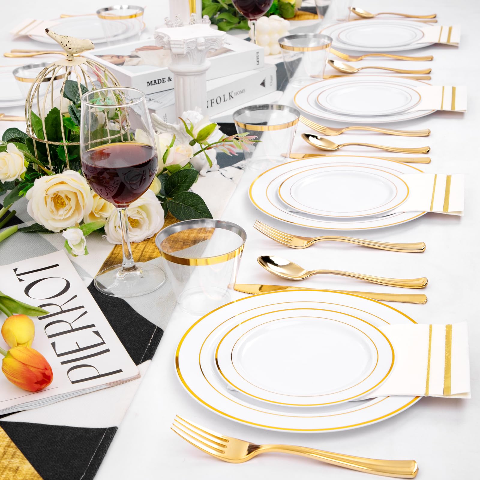 350-Piece Gold Plastic Dinnerware Set - 50 Gold Dinner Plates, 50 Salad Plates, 150 Silverware, 50 Napkins & 50 Cups - Disposable Party Tableware for Weddings, Birthdays & Special Events - Elegant & Convenient for Large Gatherings