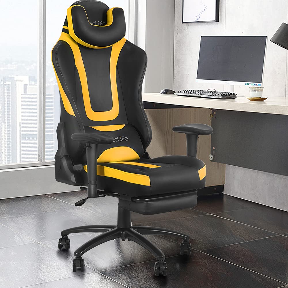 Ergonomic Gaming Chair with Footrest - PU Leather Reclining Office Chair for Adults, Adjustable Armrest & Lumbar Support, Remote Control - Perfect for Home Office, Gaming Setup & Living Room (Yellow)