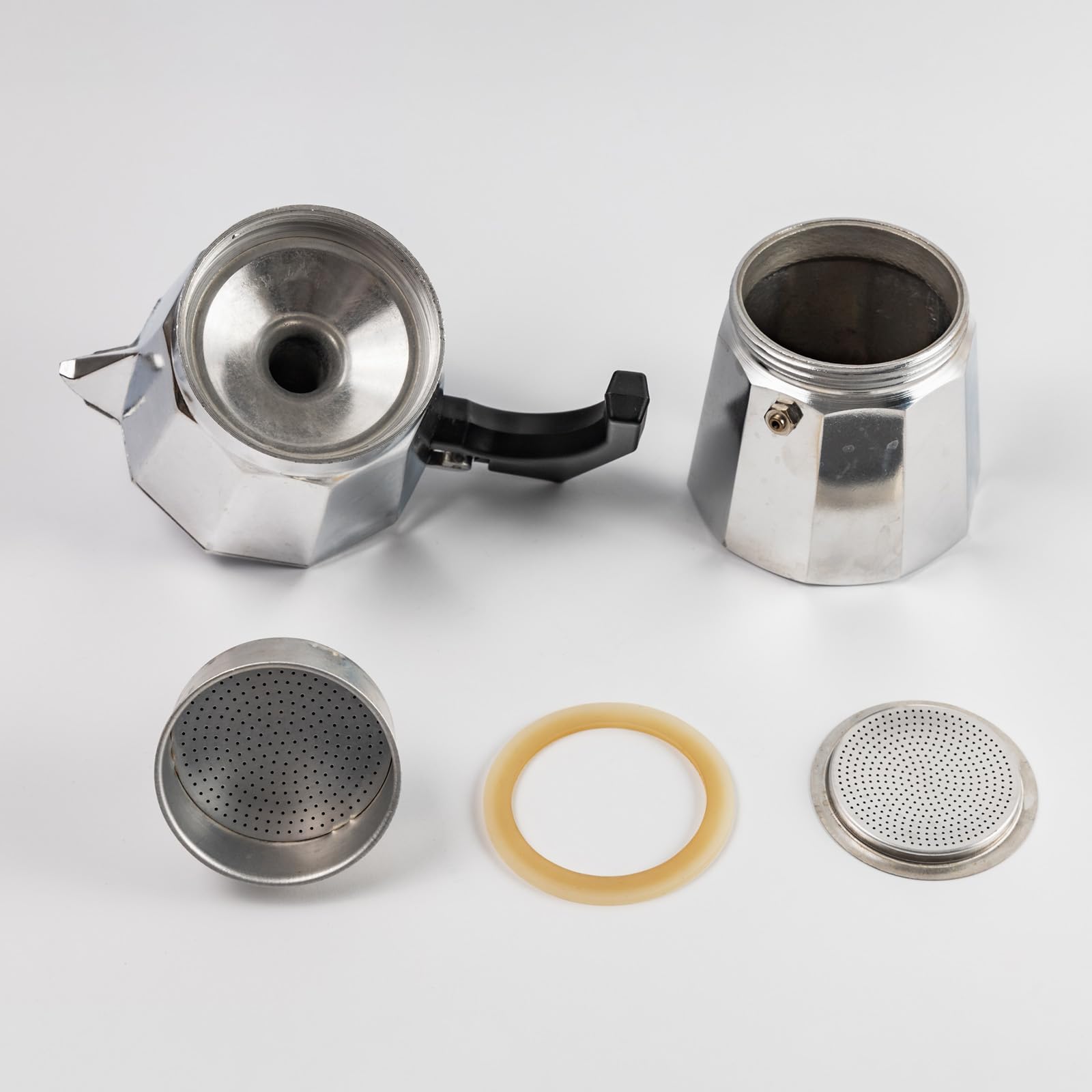 MECCANIXITY Stovetop Espresso Maker Replacement Parts - Aluminum Coffee Pot with 1 Filter & 3 Silicone Gaskets, Funnel (81x71x4mm) for 12-Cup Mocha Pot - Silver | Compatible with Bialetti & Other Stovetop Coffee Makers | Perfect for Home Brewing & Camping Coffee