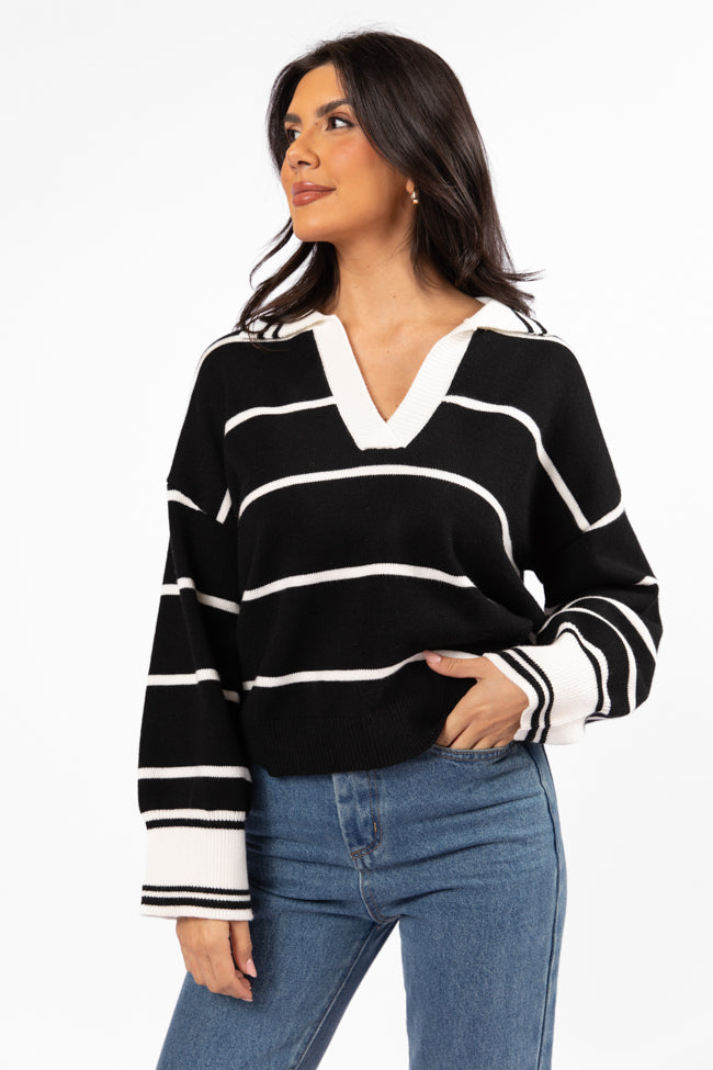 Imagine That Black Striped Collared Sweater for Women - Stylish Knit Pullover for Fall & Winter Fashion | Perfect for Office, Date Night & Casual Outings
