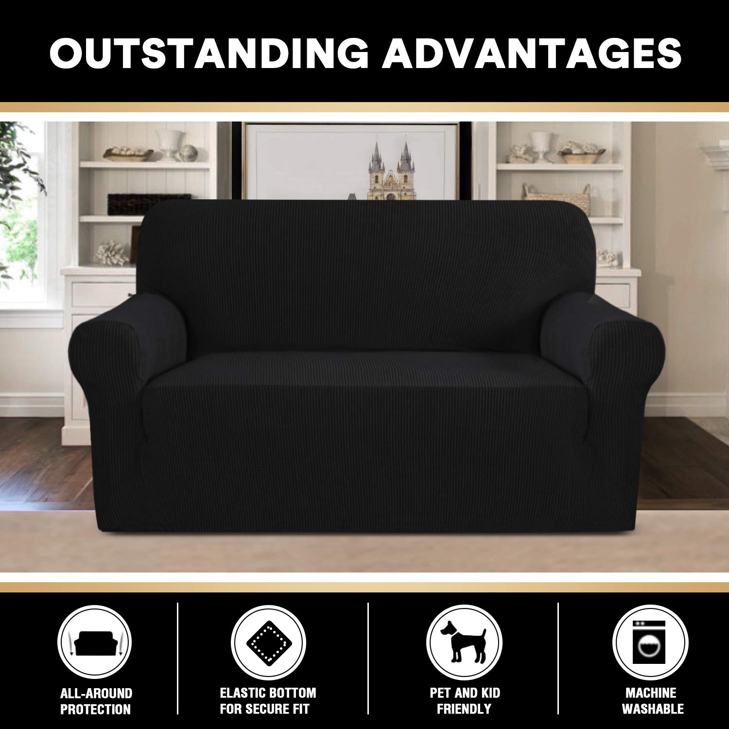 PrinceDeco Stretch Loveseat Sofa Cover - Washable 2-Cushion Slipcover with Non-Slip Bottom, Pet-Friendly Furniture Protector for Small Couches (Black) - Perfect for Living Rooms, Apartments & Pet Owners