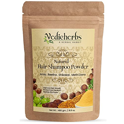 Vedicherbs Natural Hair Shampoo Powder for Dandruff Free Silky Hair - Reduces Frizz & Promotes Hair Growth with Amla, Reetha, Shikakai & Fenugreek | 100% Organic Hair Cleanser for Damaged Hair - Men & Women (480g) | Perfect for Daily Hair Care & Scalp Treatment at Home