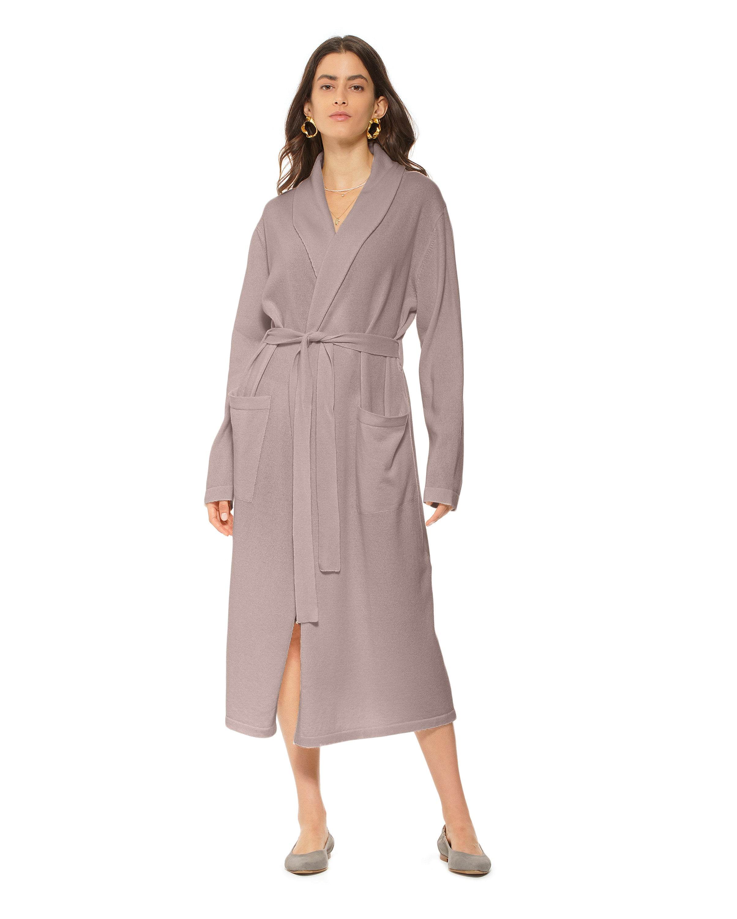 Luxury Women's Pure Cashmere Knit Robe - Soft & Warm Taupe Shawl Collar Bathrobe for Spa, Lounge & Winter Comfort