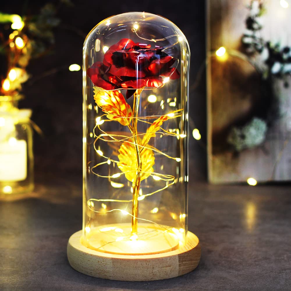 Enchanted Beauty and The Beast Rose with LED Light in Glass Dome - Unique Gift for Mom, Anniversary, Mother's Day, Birthday & Valentine's Day - Perfect for Home Decor, Romantic Surprises & Special Occasions
