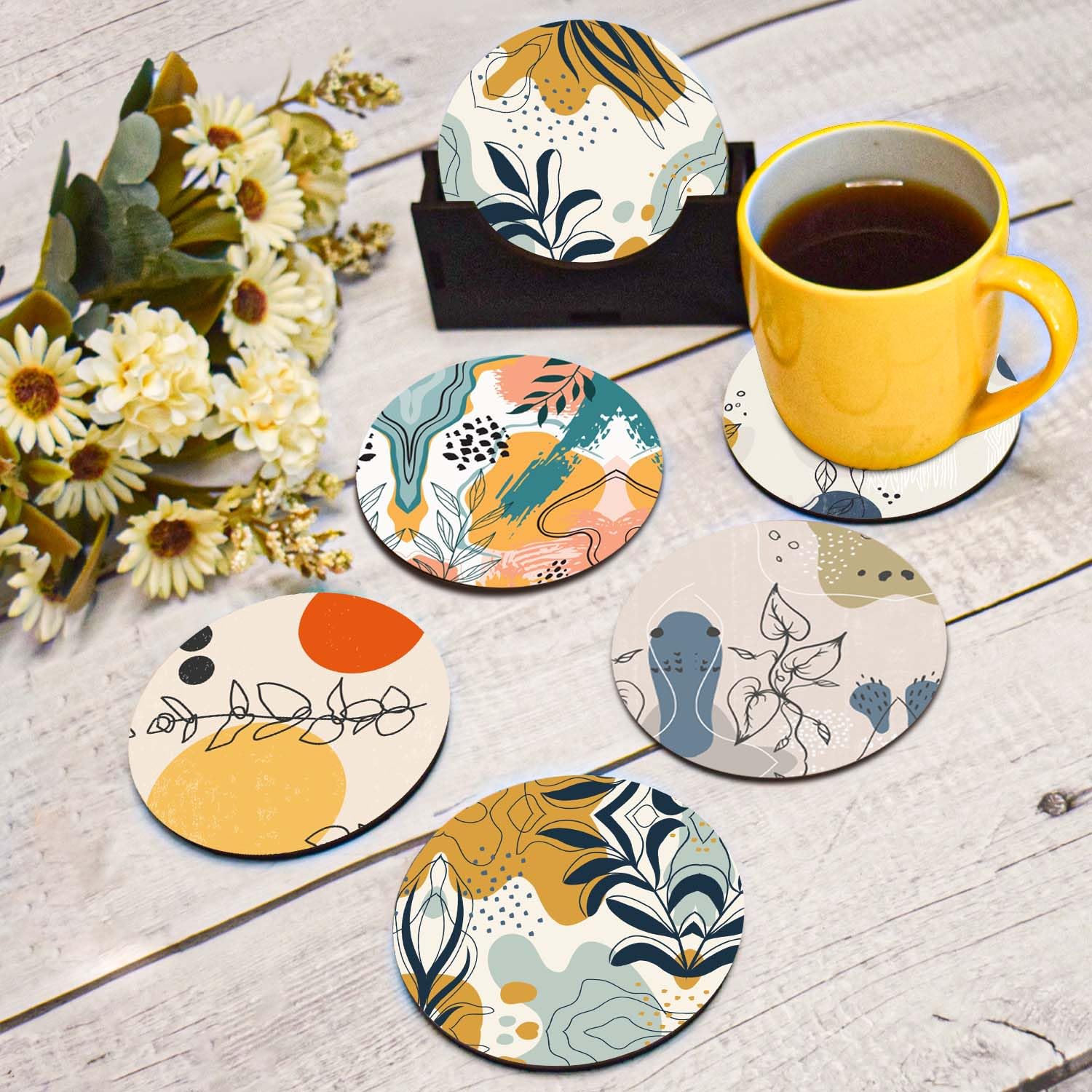 My Creative Hut Set of 6 Tea Coasters with Stand - Beautiful Jungle Safari Design for Tea Cups, Coffee Mugs & Glasses - Perfect for Home Decor, Office Use & Diwali Gifting