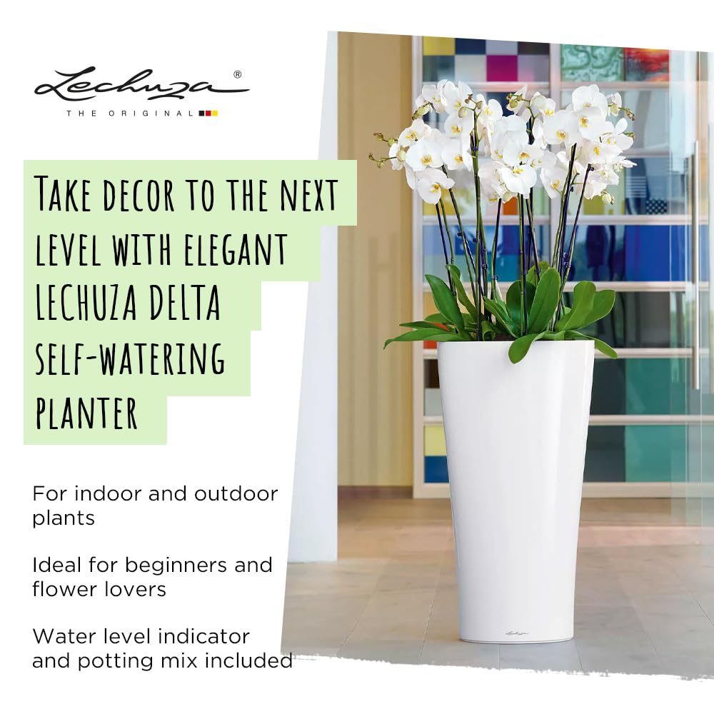 Lechuza Delta 40 Self-Watering Planter - Large Indoor/Outdoor Garden Flower Pot with Drainage Holes & Plant Substrate - 29.5 Inch (75cm) Charcoal Metallic Polyresin - Perfect for Living Room, Patio, or Office Decor