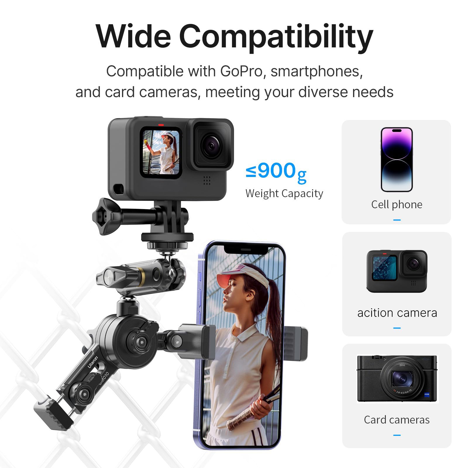 ULANZI CM010 Action Camera Fence Mount Holder - Universal Clamp for GoPro, Smartphones & DSLRs - Perfect for Outdoor Sports, Vlogging & Adventure Filming