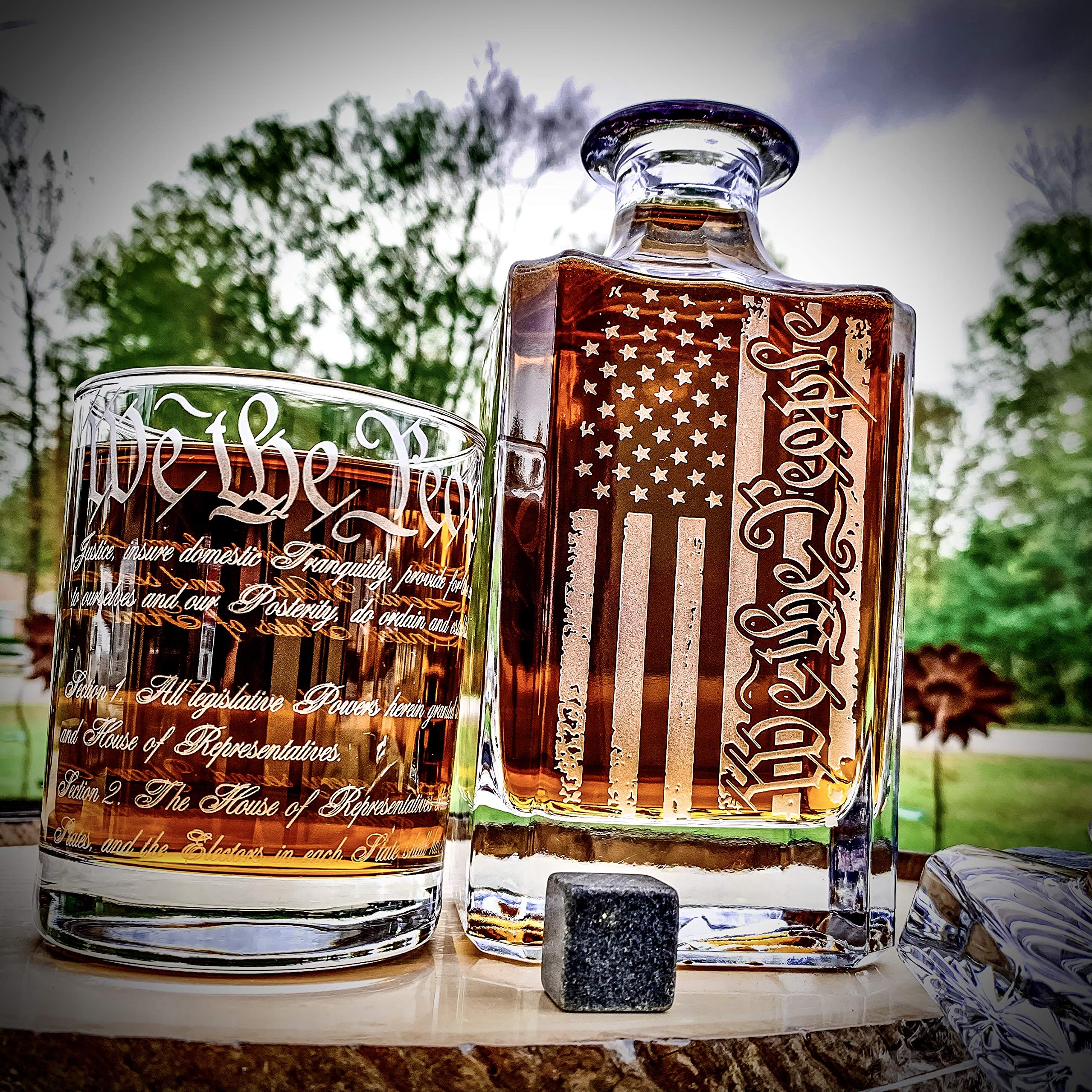 We The People American Flag Engraved 750ml Whiskey Decanter Set with 360 US Constitution Glasses (3pc) - Premium Handcrafted Barware Made in USA - Perfect Father's Day Gift for Whiskey Lovers & Patriotic Home Decor
