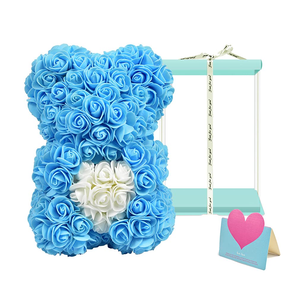 TNZMART Handmade Rose Bear - Blue Rose Teddy Bear with 10 Inch Gift Box, Perfect for Mother's Day, Valentine's Day & Anniversary Gifts | Romantic Home Decor & Surprise Present for Loved Ones