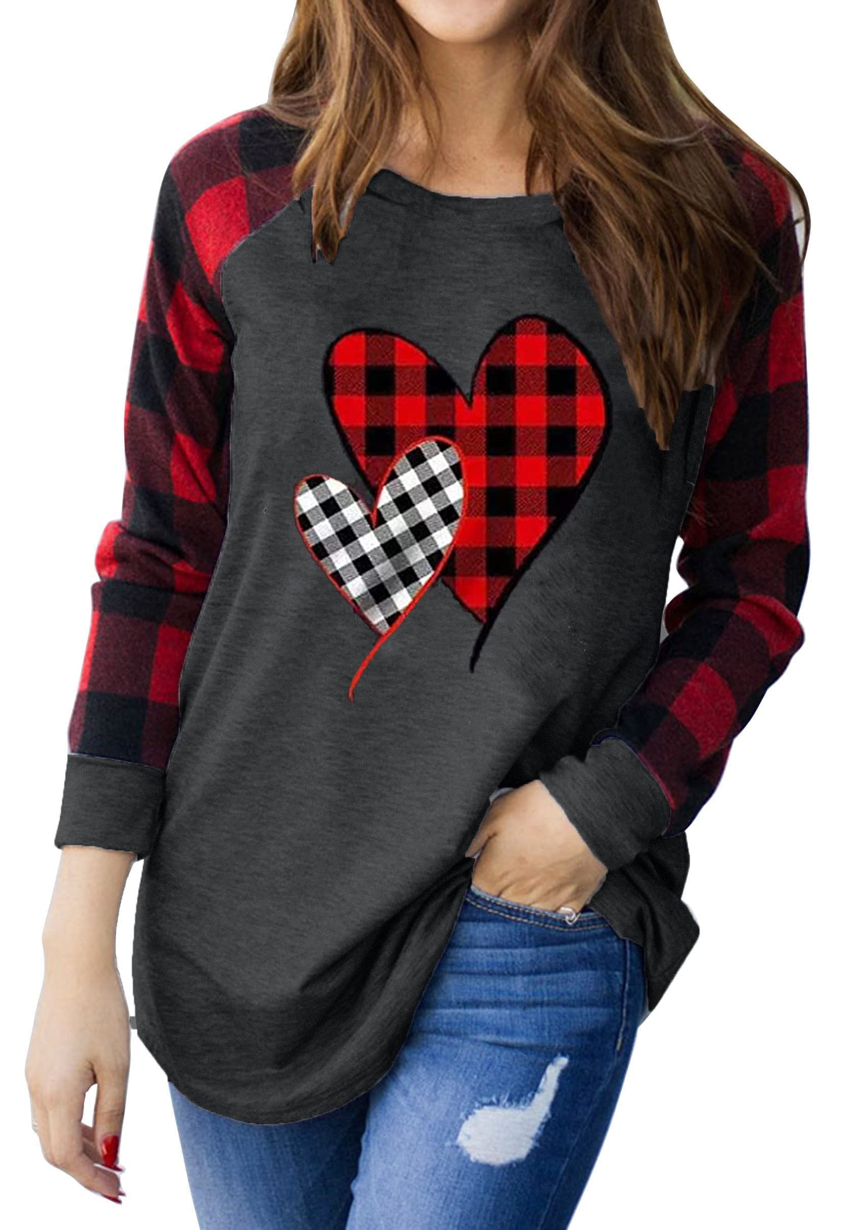 Valentine's Day Shirts for Women - Buffalo Plaid Love Heart Graphic Tee with Letter Print, Long Sleeve Top for Casual Wear, Date Night & Holiday Outfits