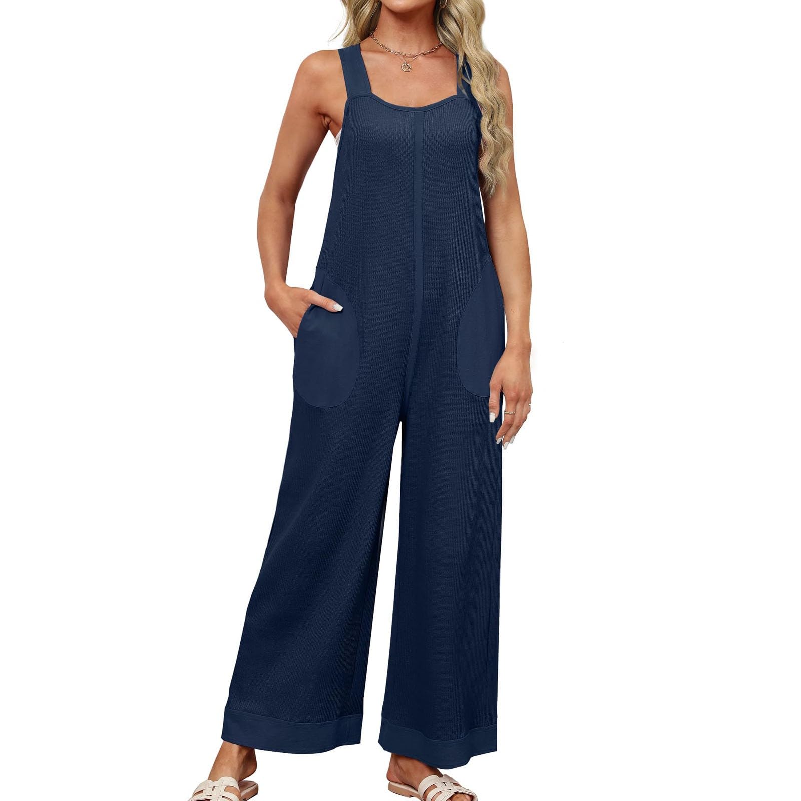 Women's Waffle-Knit Jumpsuit with Pockets - Loose Fit Backless Tie Romper Wide Leg Bib Overalls for Summer | Casual Outfit, Beach Wear, Vacation Style