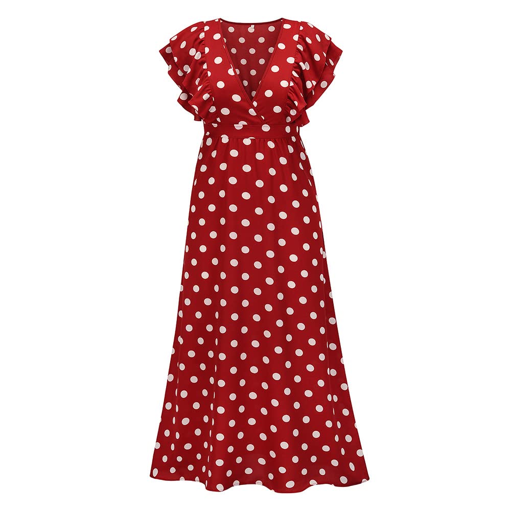 Women's Flowy Maxi Dress with Polka Dots - Short Ruffle Sleeves & Deep V Neck - High Waist Summer Long Dress for Beach, Vacation, and Casual Outings