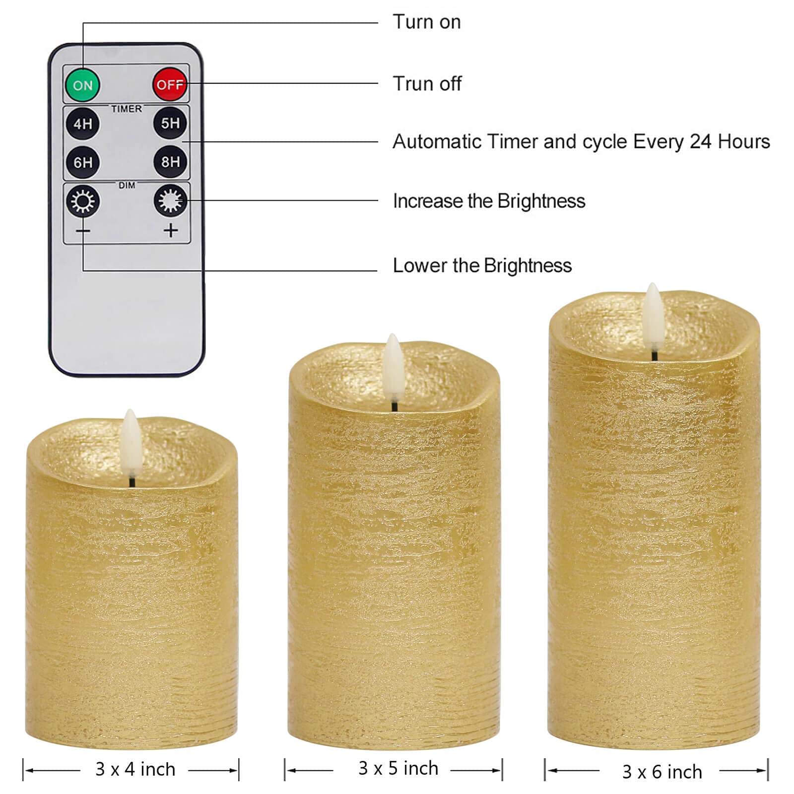Flicker-Free Flameless LED Candles with Timer & Remote Control - Set of 3 Battery Operated Decorative Candles for Christmas, Home Decor, Weddings & Romantic Dinners - Gold Finish