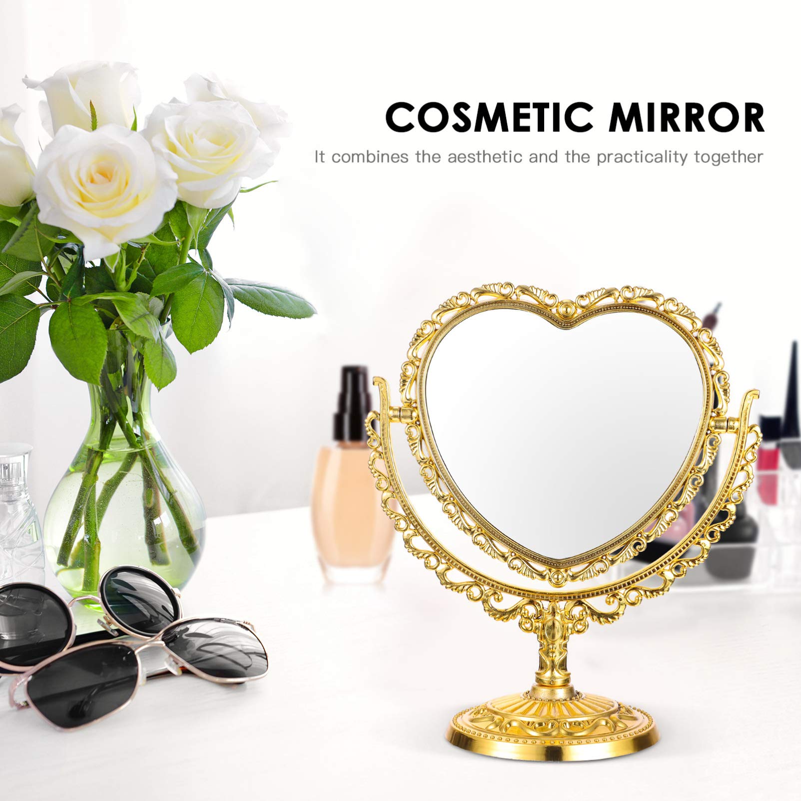 Beaupretty Coquette Heart-Shaped Vanity Mirror - 360° Rotating Two-Sided Tabletop Makeup Mirror with Stand, Retro Gold Cosmetic Mirror for Dressing Table & Bedroom Decor