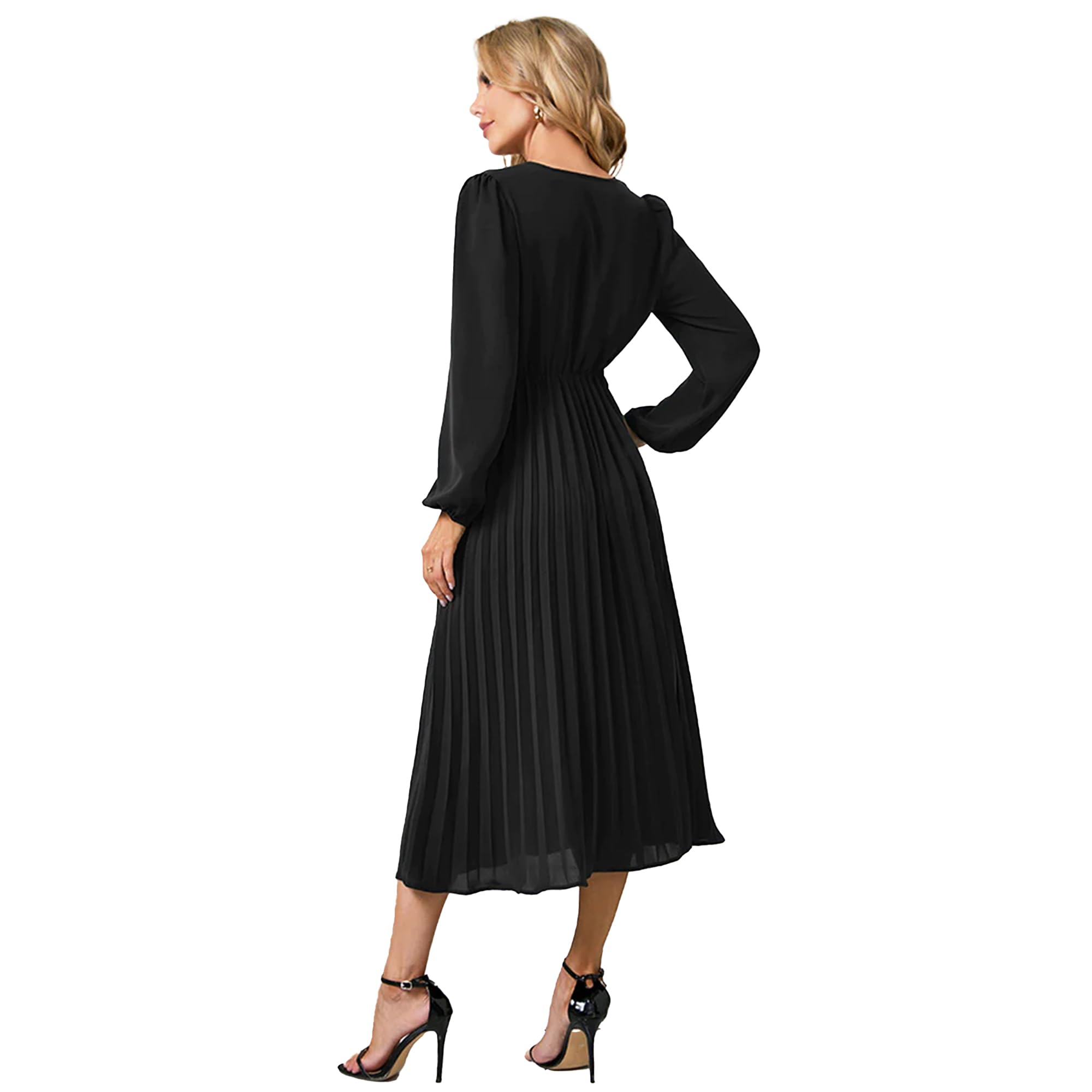 Elegant Women's V-Neck Wrap Dress for Wedding Guest, Casual Long Sleeve Midi Dress with Pleated Ruffles & Smocked Waist - Perfect for Parties, Cocktail Events & Special Occasions