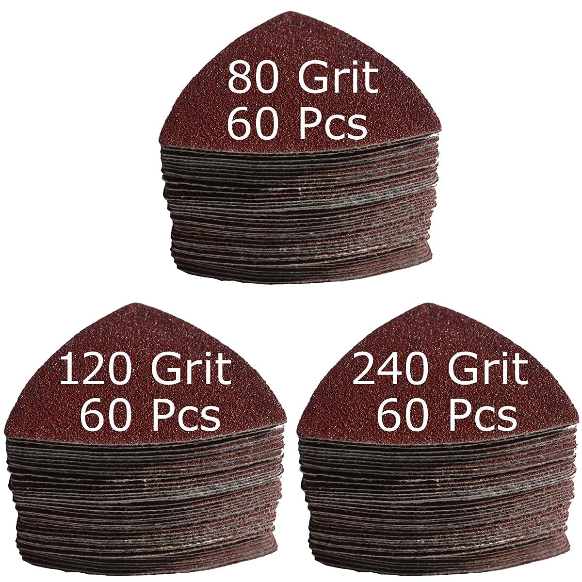 XXGO 180-Piece 3-1/8 Inch (80mm) Triangular Oscillating Multi-Tool Sanding Pad Kit - 60 Pcs Each of 80, 120 & 240 Grit Sandpaper | XGM0308 | Perfect for Woodworking, Drywall Sanding & DIY Home Renovation Projects